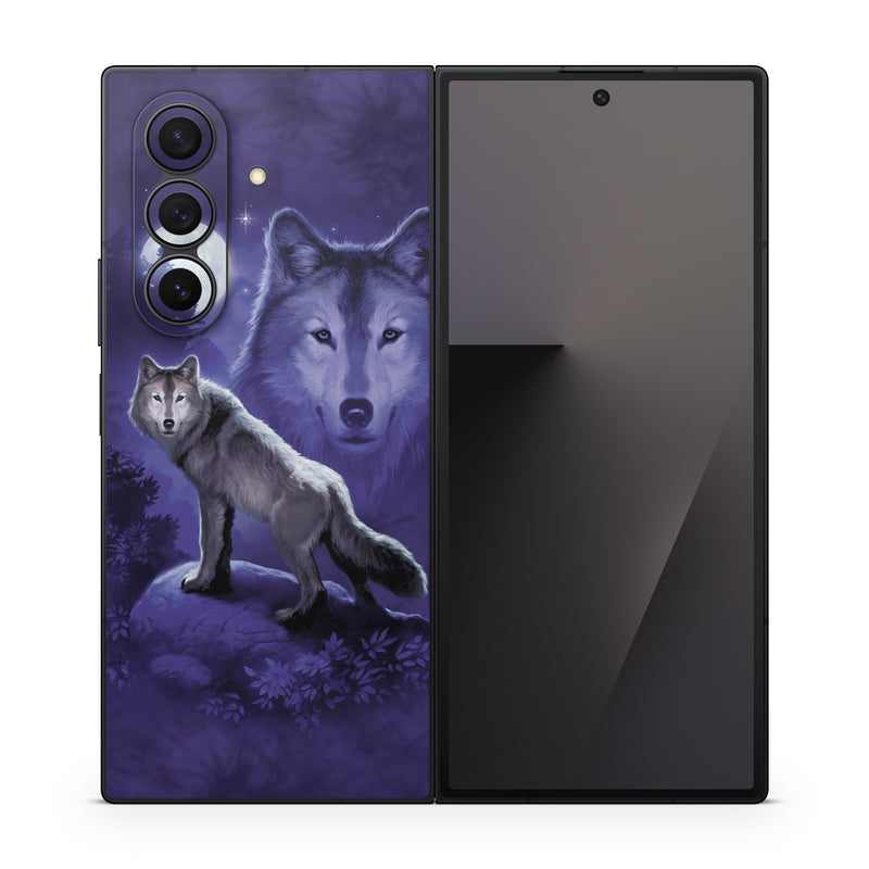 Samsung Galaxy Z Fold7 Skin design of Wolf, Canidae, canis lupus tundrarum, Canis, Wolfdog, Dog, Native american indian dog, Wildlife, Sakhalin husky, Moonlight, with blue, black, gray colors