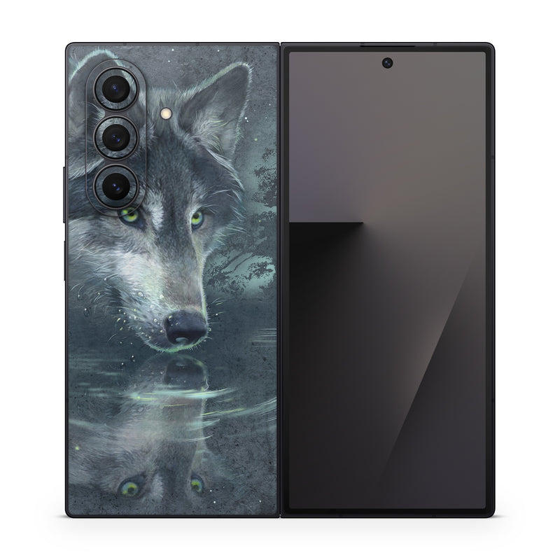Samsung Galaxy Z Fold7 Skin design of Wolf, Canidae, Wildlife, Red wolf, Canis, canis lupus tundrarum, Snout, Saarloos wolfdog, Wolfdog, Carnivore, with black, gray, blue colors