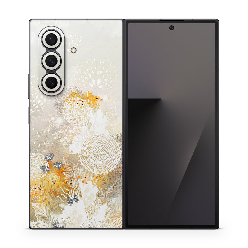 Samsung Galaxy Z Fold7 Skin design of Pattern, Floral design, Flower, Plant, Illustration, camomile, Wildflower, Art, with gray, yellow, pink, white, green colors