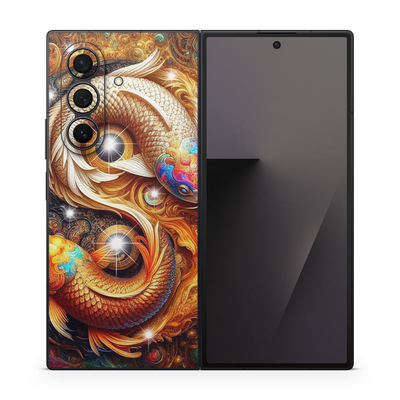 Samsung Galaxy Z Fold7 Skin design of Fractal art, Graphic design, Design, Fictional character, Graphics, Mythical creature, Modern art, Scaled reptiles, Mythology, Serpent, with red, orange, yellow, brown, blue, green, white, black colors