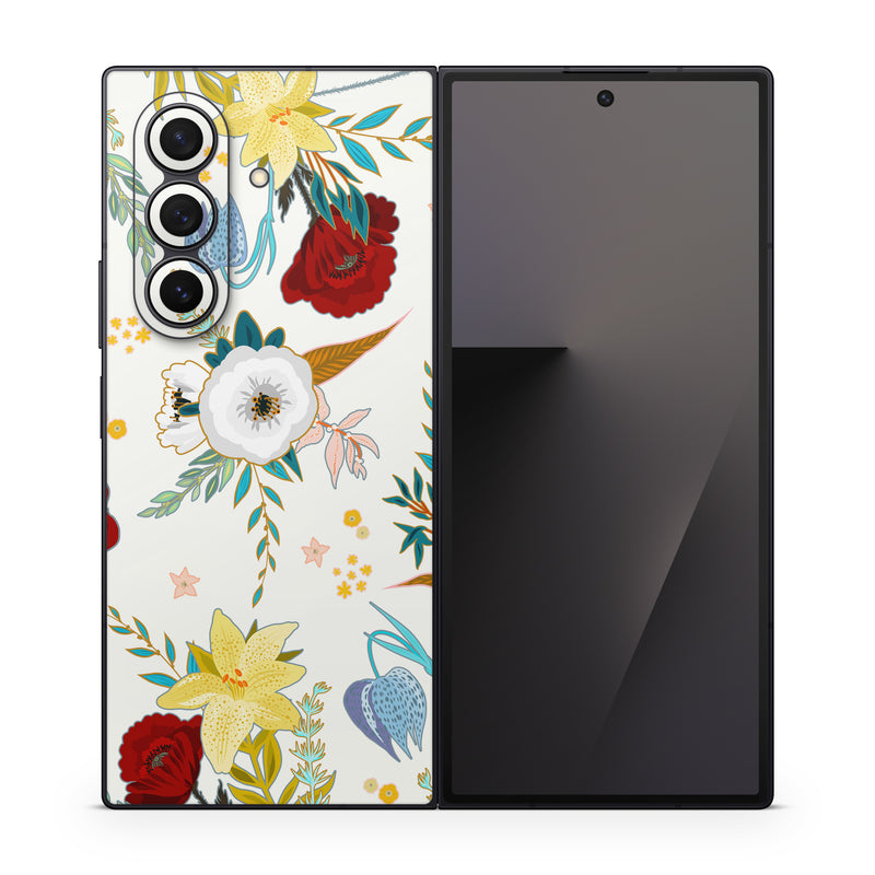 Samsung Galaxy Z Fold7 Skin design of Floral design, Pattern, Wrapping paper, Botany, Design, Flower, Wallpaper, Plant, Clip art, Pedicel, with white, blue, red, yellow, pink, orange colors