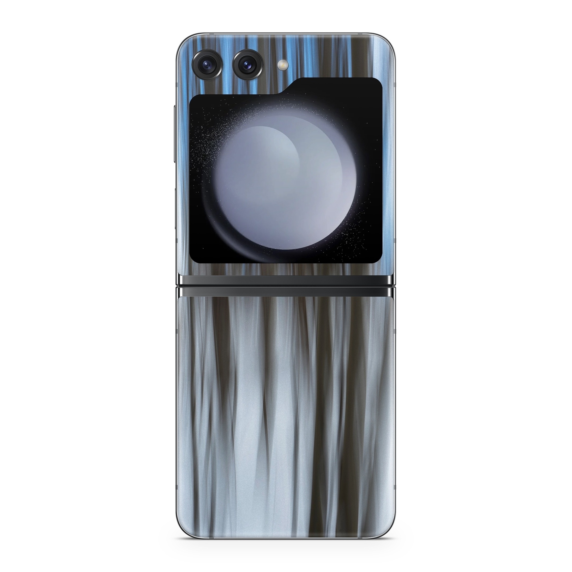 Samsung Galaxy Z Flip5 Skin design of Water, Blue, Natural environment, Tree, Forest, Line, Waterfall, Plant, Black-and-white, Reflection, with black, white, blue colors