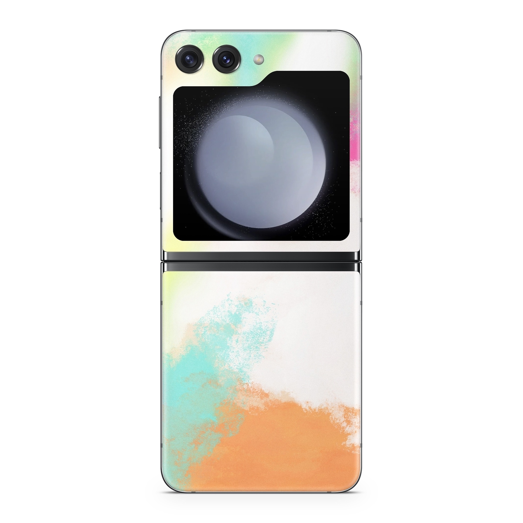 Samsung Galaxy Z Flip5 Skin design of Sky, Yellow, Orange, Pink, Art, Illustration, Visual Arts, Pattern, Colorfulness, Watercolor Paint, with white, pink, orange, yellow, blue, brown colors