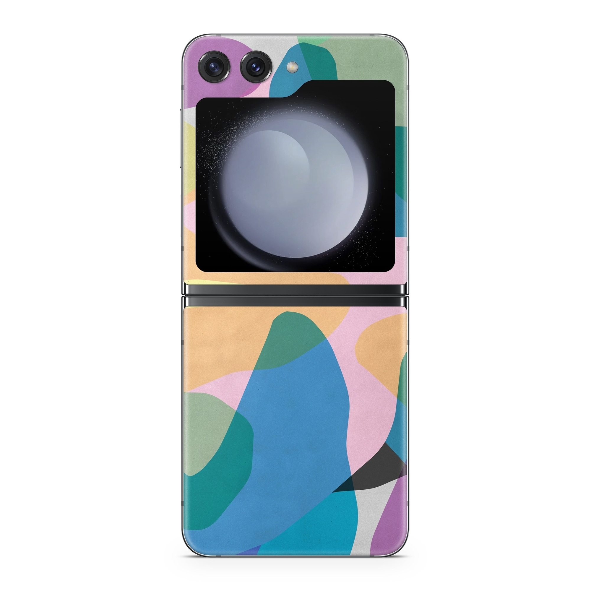 Samsung Galaxy Z Flip5 Skin design of Azure, Paint, Textile, Organism, Art, Painting, Aqua, Font, Rectangle, Tints and shades, with blue, green, pink, yellow, orange, purple, gray colors