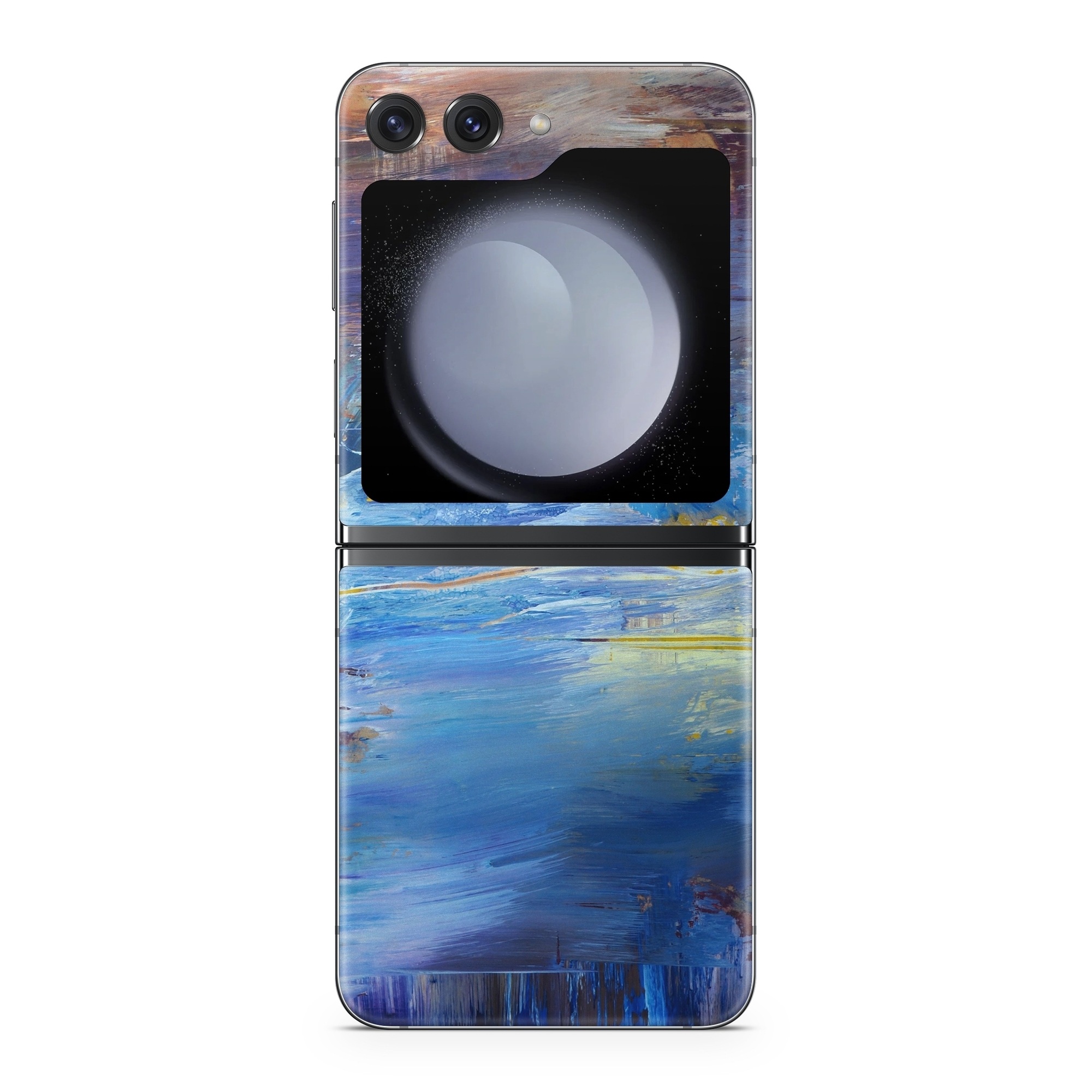 Samsung Galaxy Z Flip5 Skin design of Painting, Blue, Modern art, Acrylic paint, Sky, Watercolor paint, Art, Visual arts, Paint, Electric blue, with blue, purple, yellow, brown, orange, black colors
