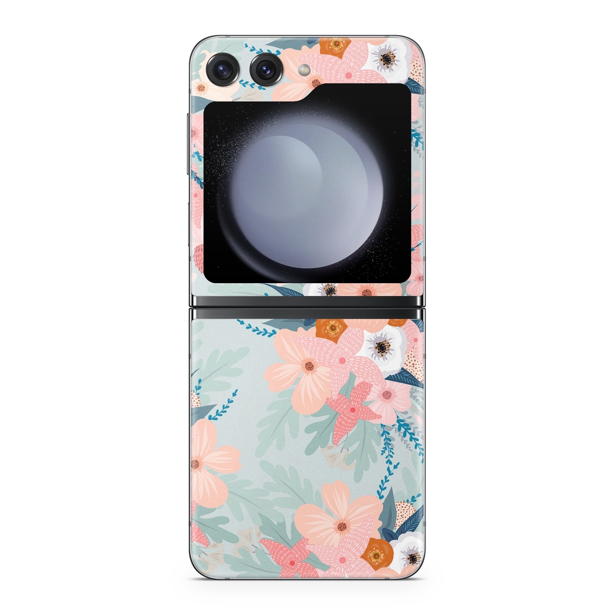 Samsung Galaxy Z Flip5 Skin design of Pattern, Aqua, Wrapping paper, Textile, Design, Floral design, Wildflower, Plant, Pedicel, Blossom, with pink, red, blue, white colors