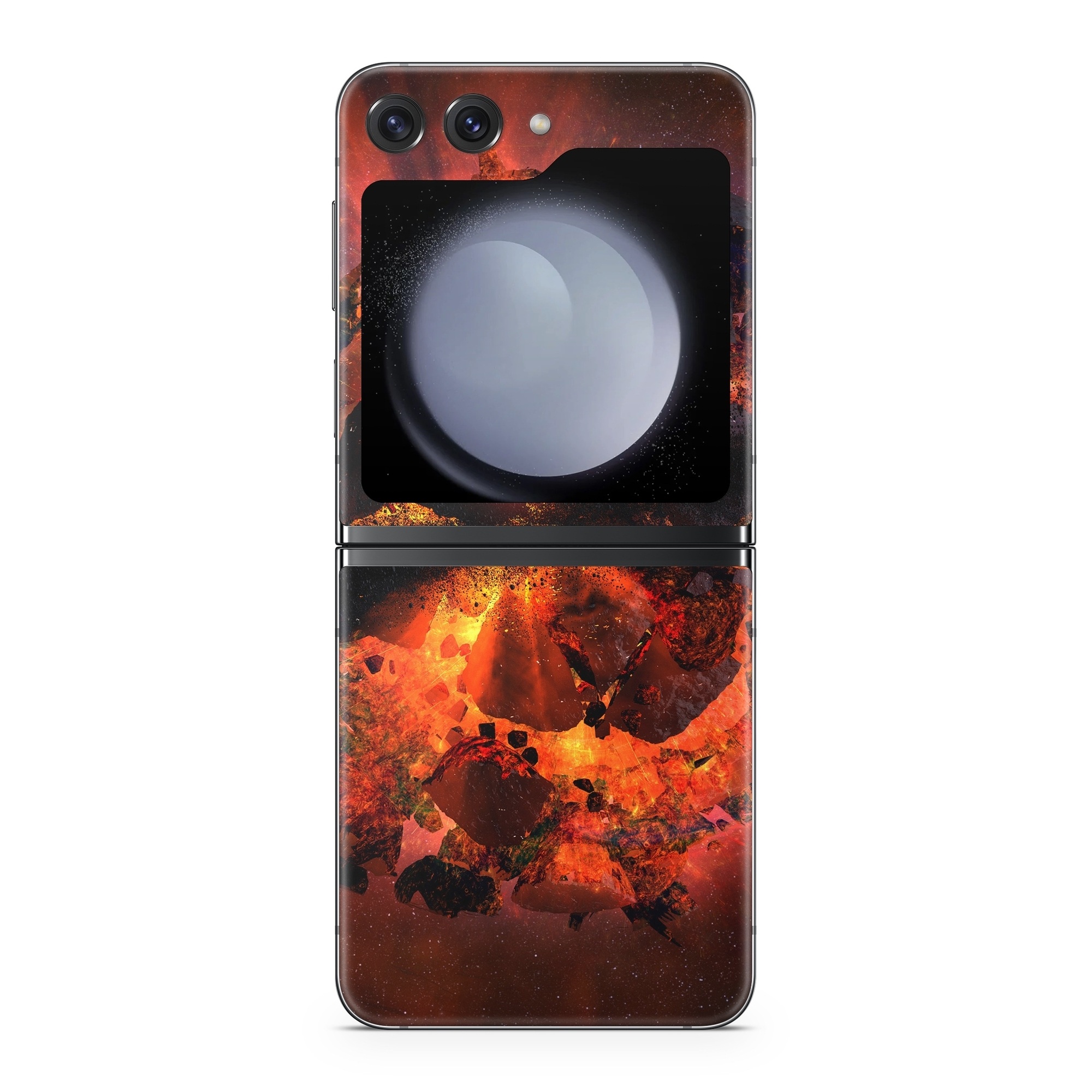 Samsung Galaxy Z Flip5 Skin design of Flame, Heat, Fire, Space, Atmosphere, Charcoal, Explosion, Geological phenomenon, Ash, Graphics, with black, red colors