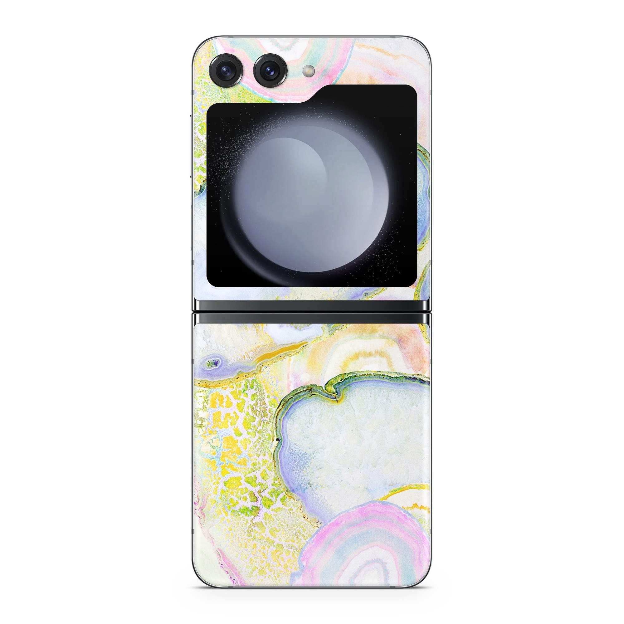 Samsung Galaxy Z Flip5 Skin design of Watercolor paint, Illustration, Paint, Child art, Art, with blue, purple, green, yellow, pink colors