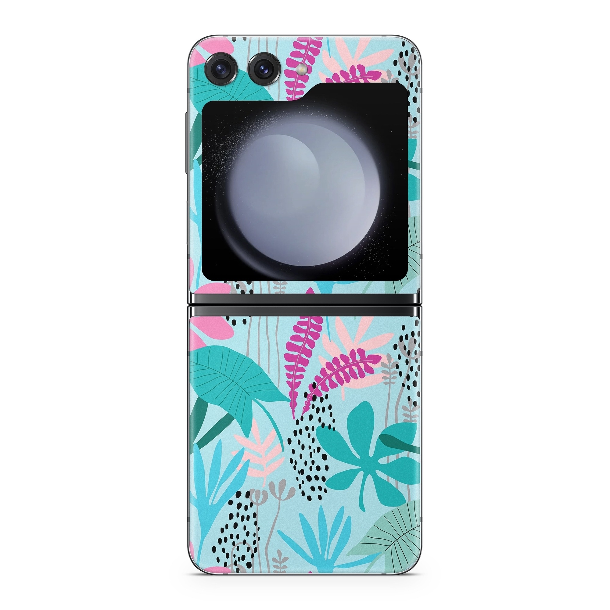 Samsung Galaxy Z Flip5 Skin design of White, Leaf, Botany, Green, Textile, Branch, Organism, Plant, Font, Pink, with blue, green, pink, purple, black, gray colors