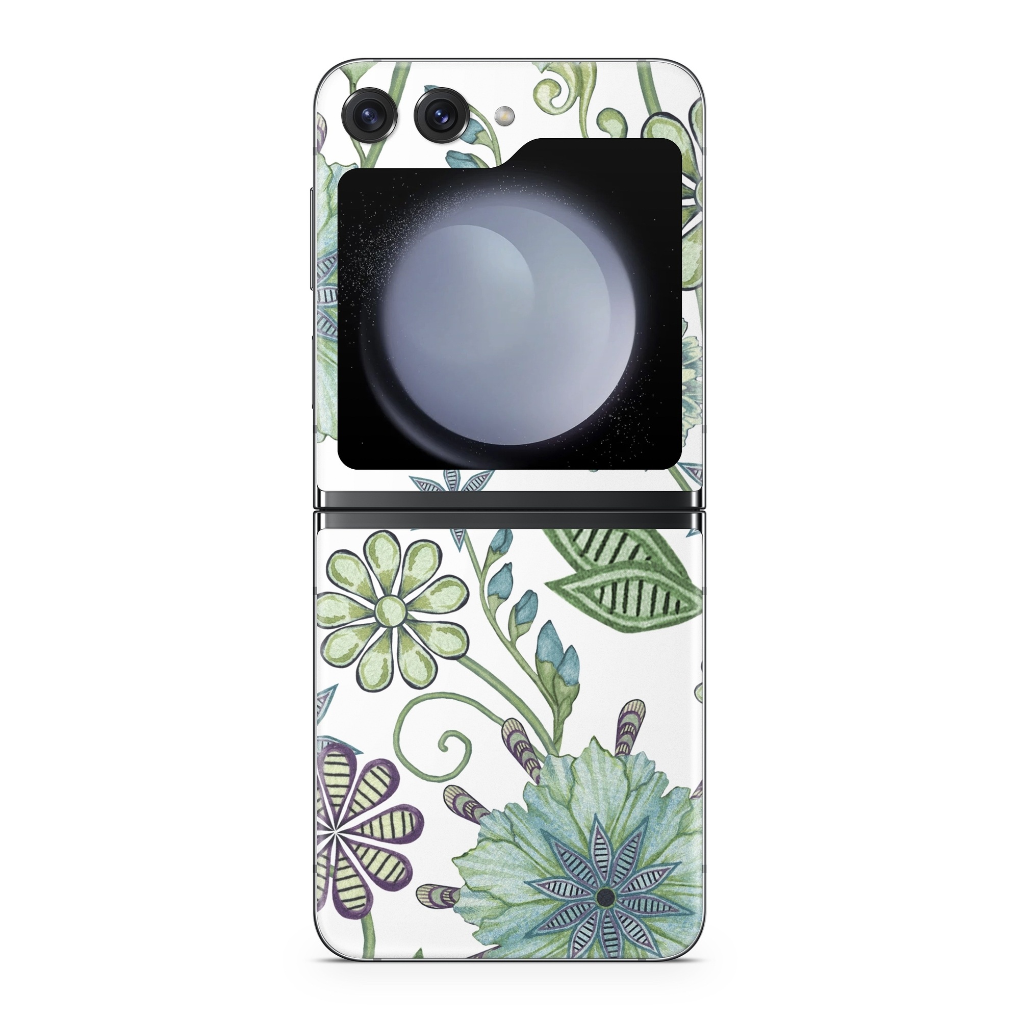 Samsung Galaxy Z Flip5 Skin design of Green, Pattern, Flower, Botany, Plant, Leaf, Design, Wildflower, with white, green, blue colors
