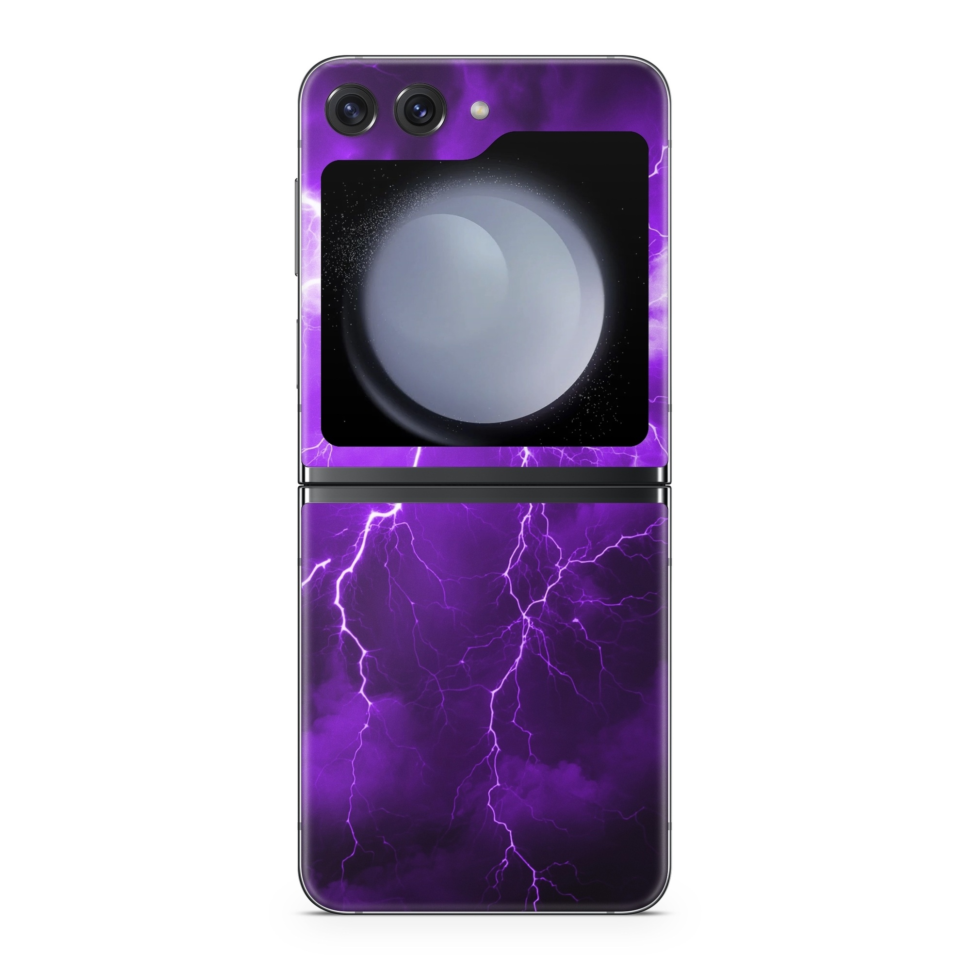 Samsung Galaxy Z Flip5 Skin design of Sky, Lightning, Thunder, Atmosphere, Thunderstorm, Daytime, Purple, Light, Cloud, Nature, with black, purple colors