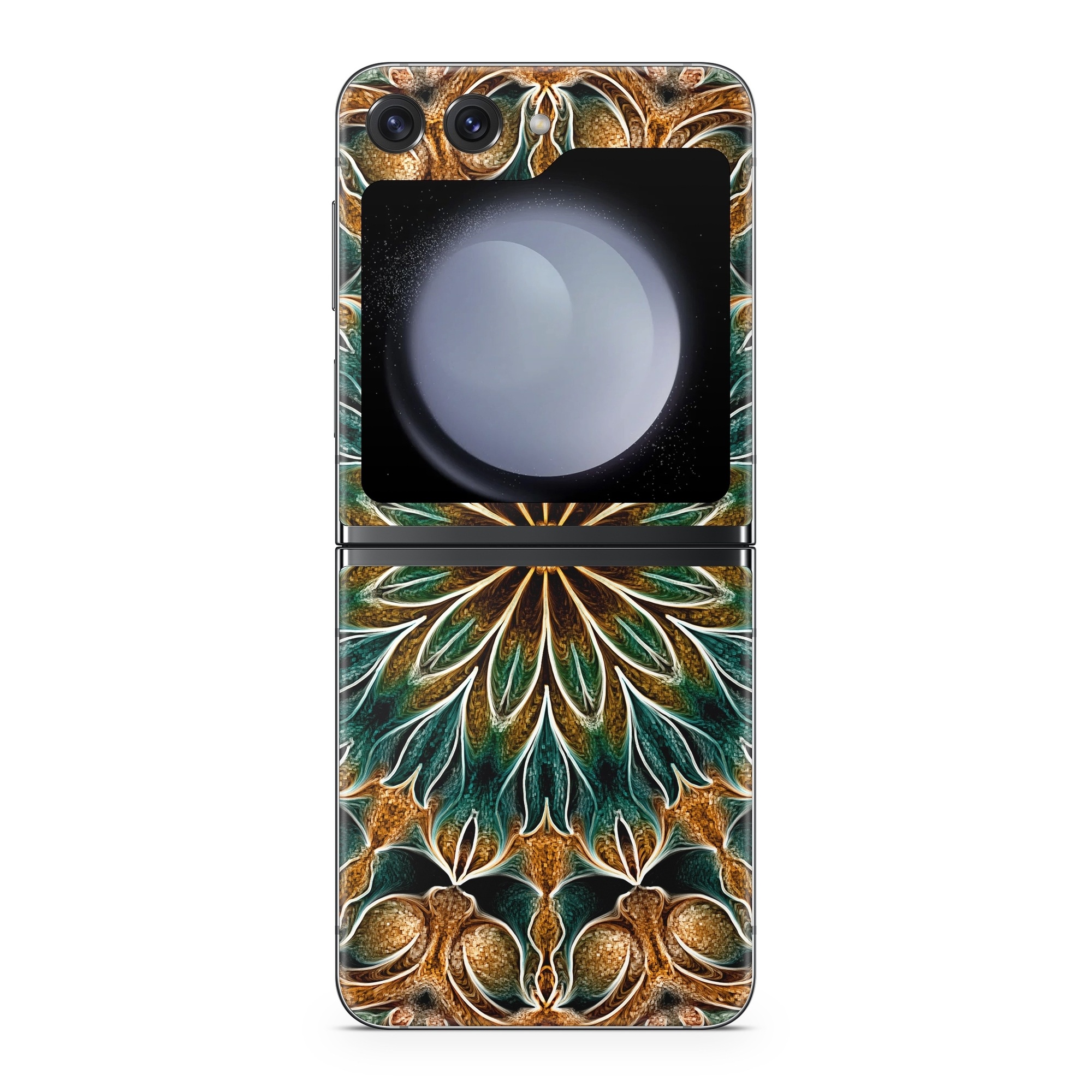 Samsung Galaxy Z Flip5 Skin design of Pattern, Symmetry, Textile, Art, Psychedelic art, Tapestry, Design, Visual arts, Kaleidoscope, Motif, with green, orange, yellow, brown, red colors