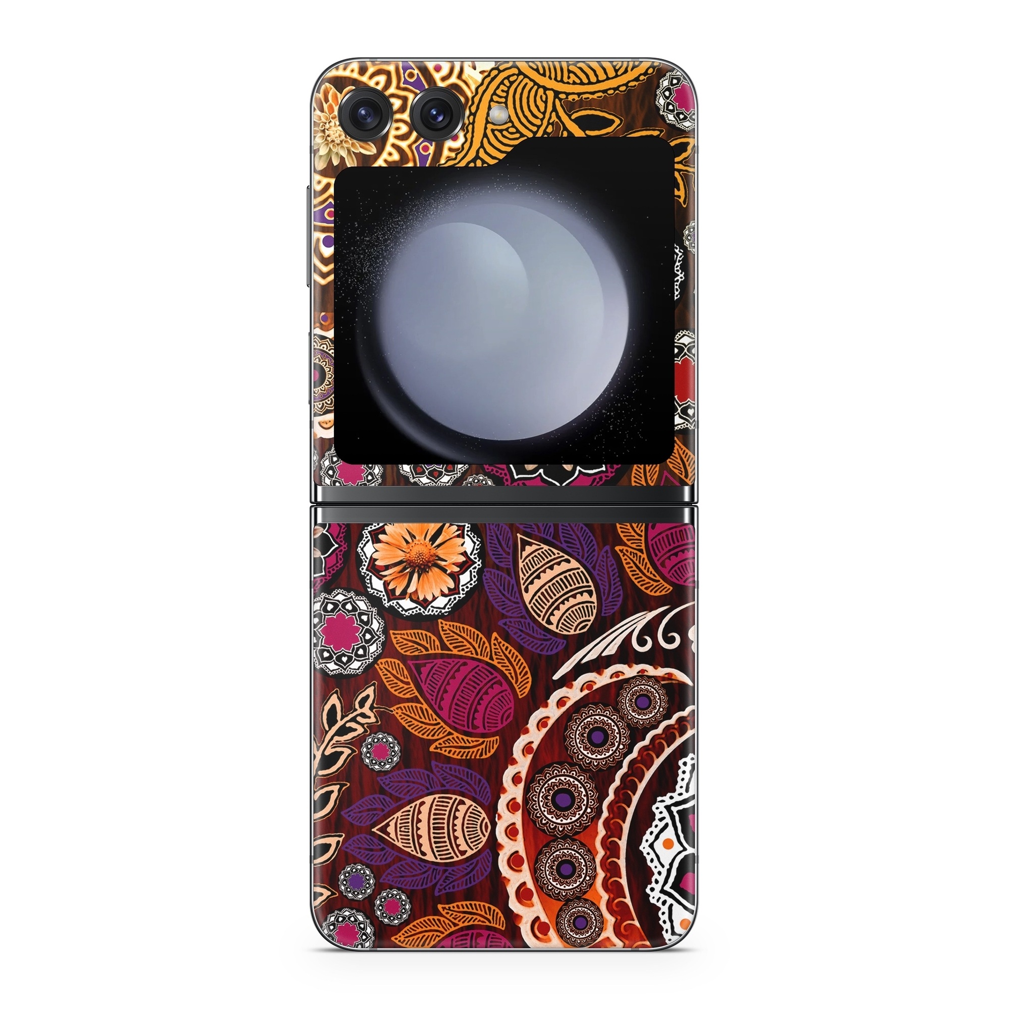 Samsung Galaxy Z Flip5 Skin design of Pattern, Motif, Visual arts, Design, Art, Floral design, Textile, Paisley, Tapestry, Circle, with brown, purple, red, white, black colors