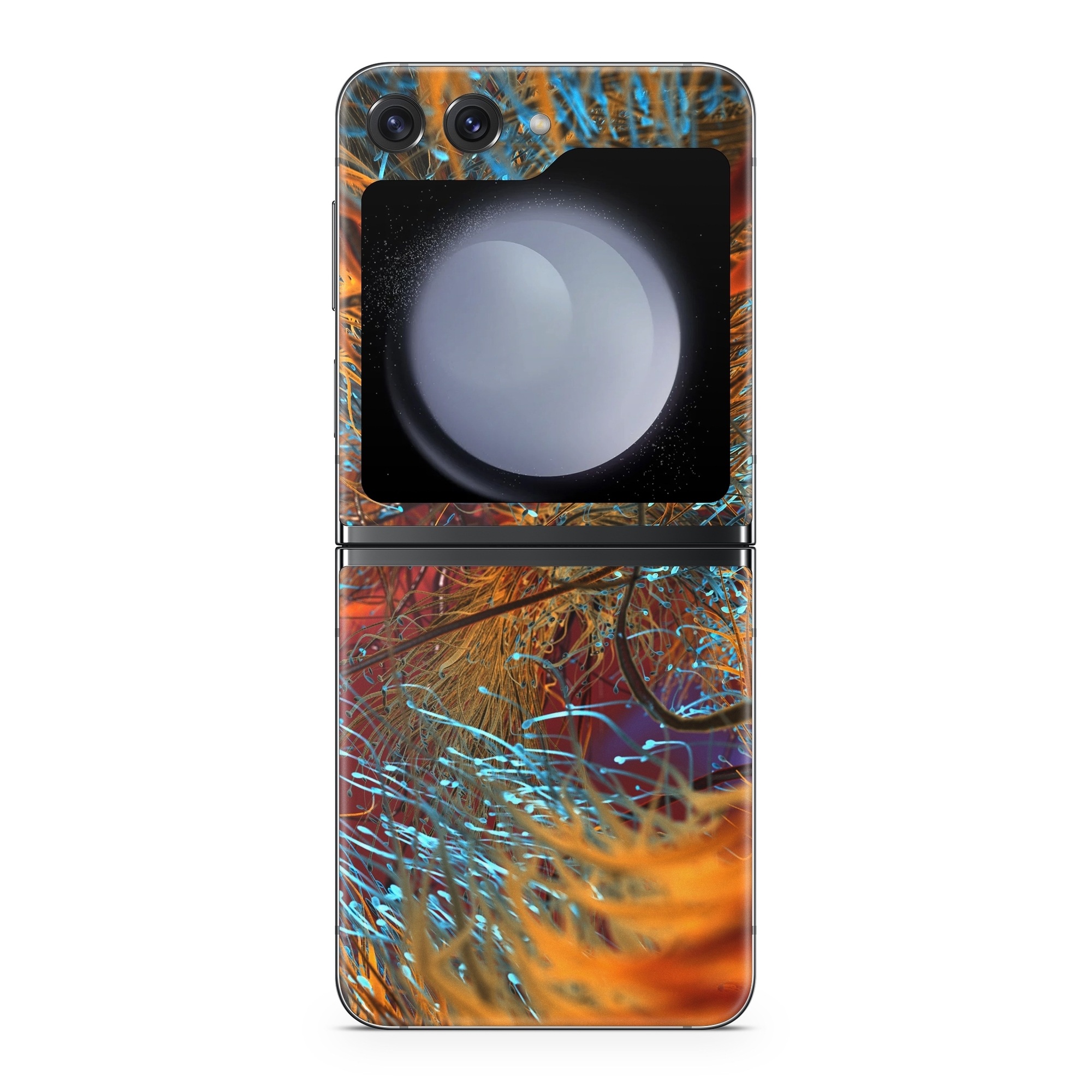 Samsung Galaxy Z Flip5 Skin design of Orange, Tree, Electric blue, Organism, Fractal art, Plant, Art, Graphics, Space, Psychedelic art, with orange, blue, red, yellow, purple colors