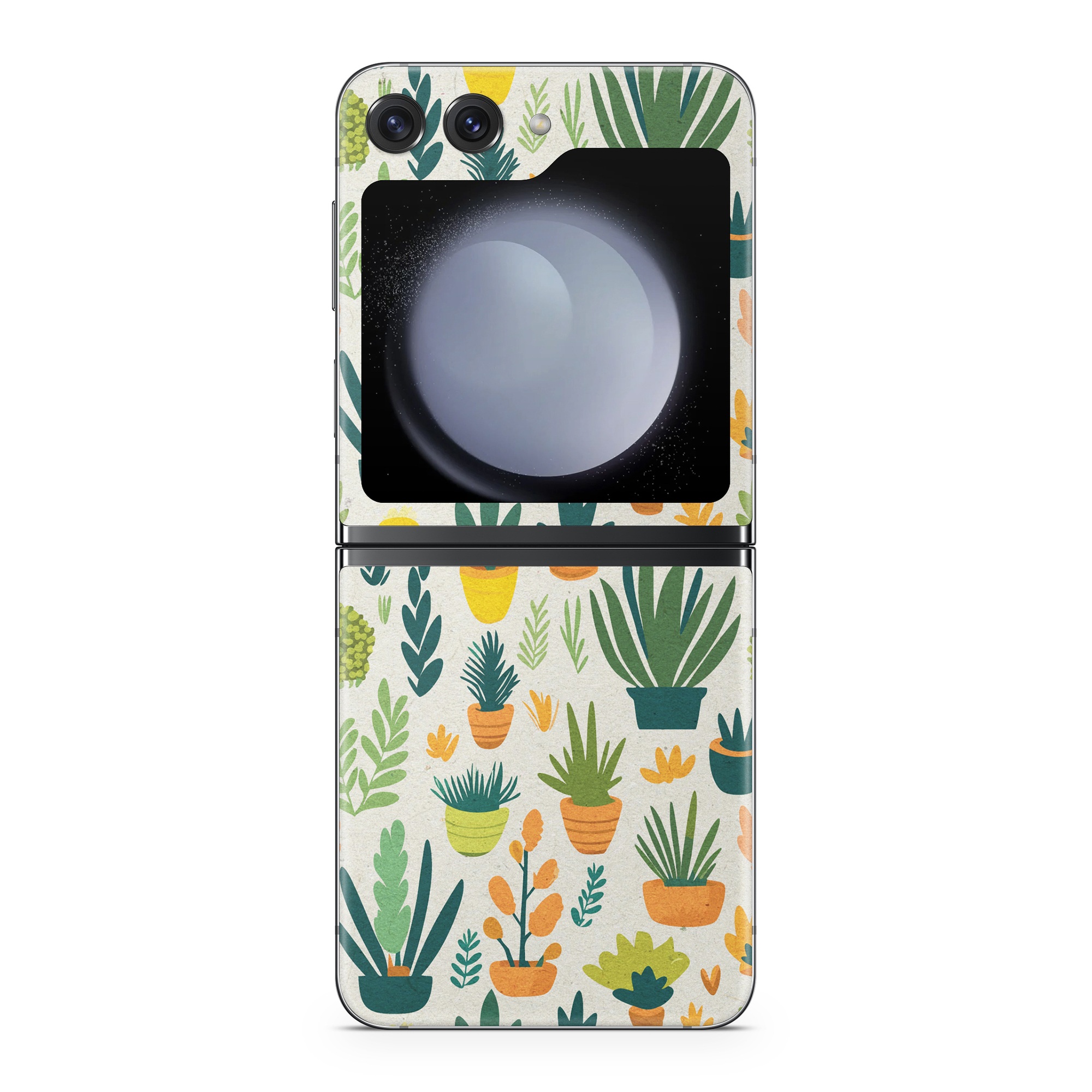 Samsung Galaxy Z Flip5 Skin design of Flower, Plant, Petal, Textile, Botany, Art, Creative arts, Flowering plant, Porcelain, Groundcover, with white, green, brown, yellow, orange colors