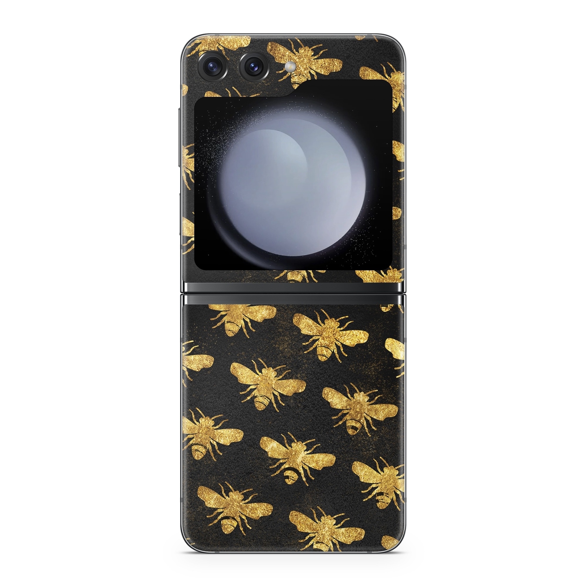 Samsung Galaxy Z Flip5 Skin design of Pattern, Yellow, Flower, Design, Plant, Wildflower, Textile, Metal, with black, yellow colors
