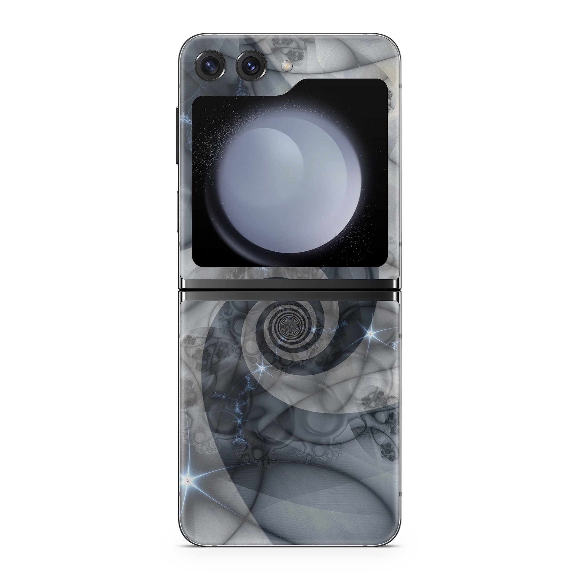 Samsung Galaxy Z Flip5 Skin design of Eye, Drawing, Black-and-white, Design, Pattern, Art, Tattoo, Illustration, Fractal art, with black, gray colors