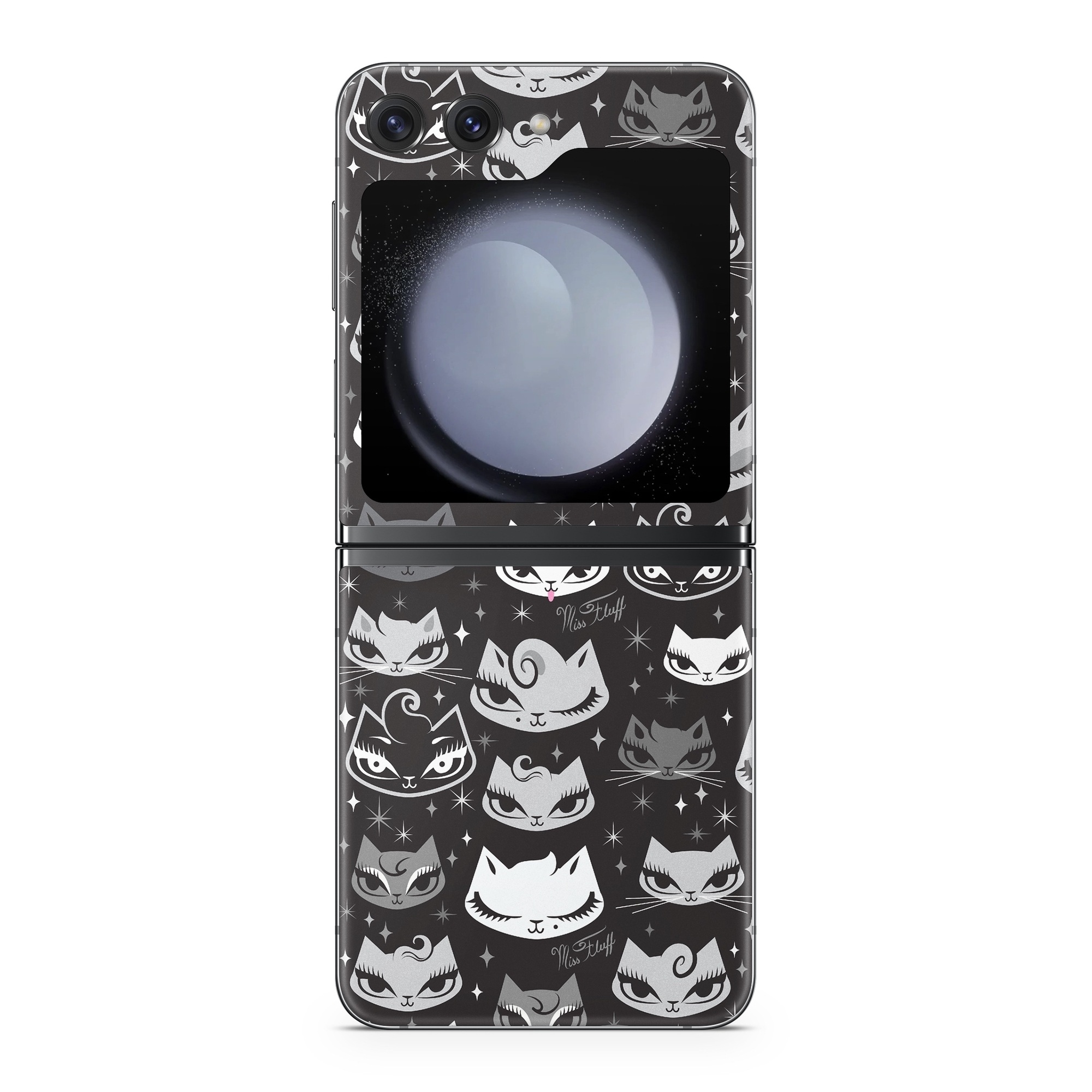 Samsung Galaxy Z Flip5 Skin design of Pattern, Design, Headgear, Hat, Smile, Team, Crowd, with black, white, gray colors