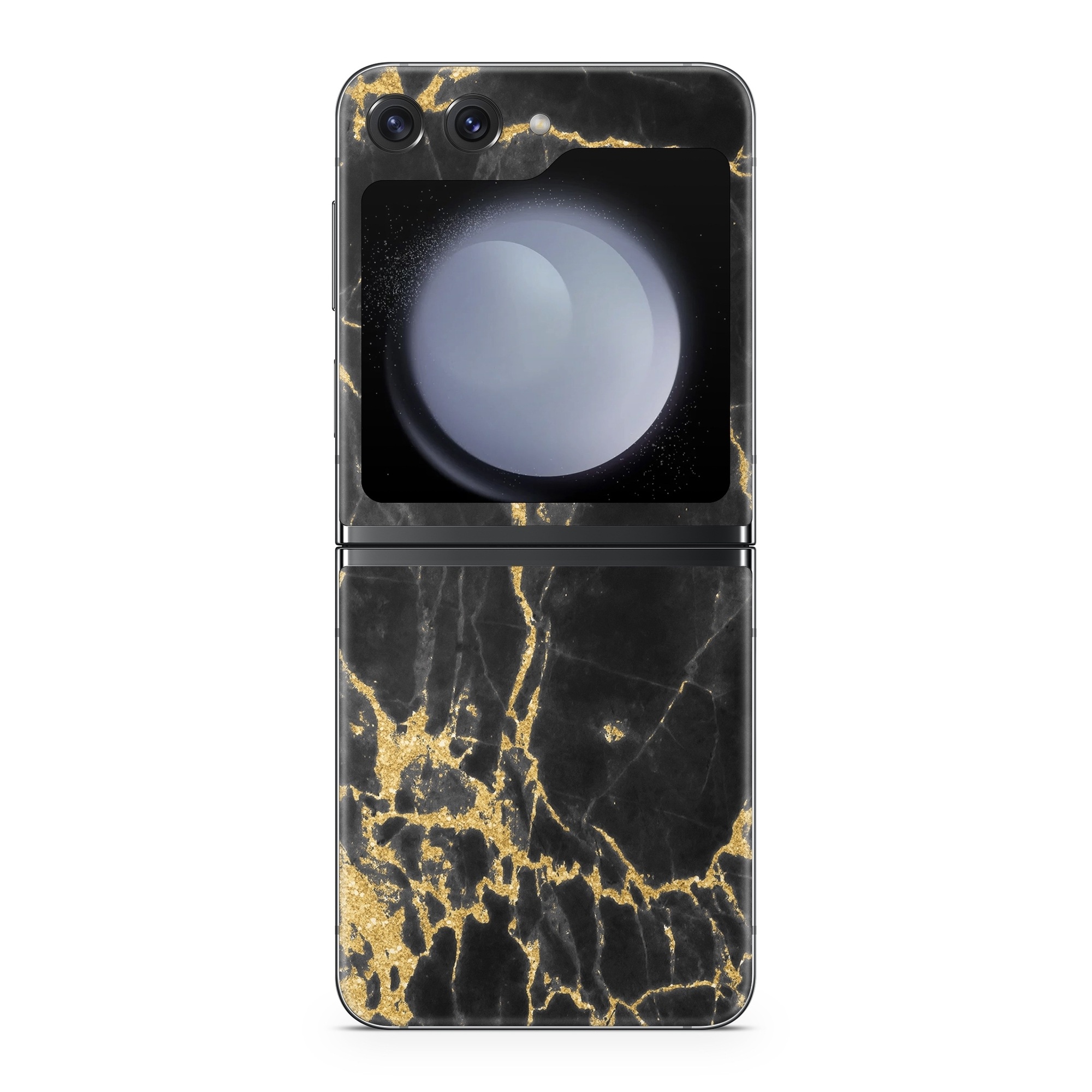 Samsung Galaxy Z Flip5 Skin design of Black, Yellow, Water, Brown, Branch, Leaf, Rock, Tree, Marble, Sky, with black, yellow colors