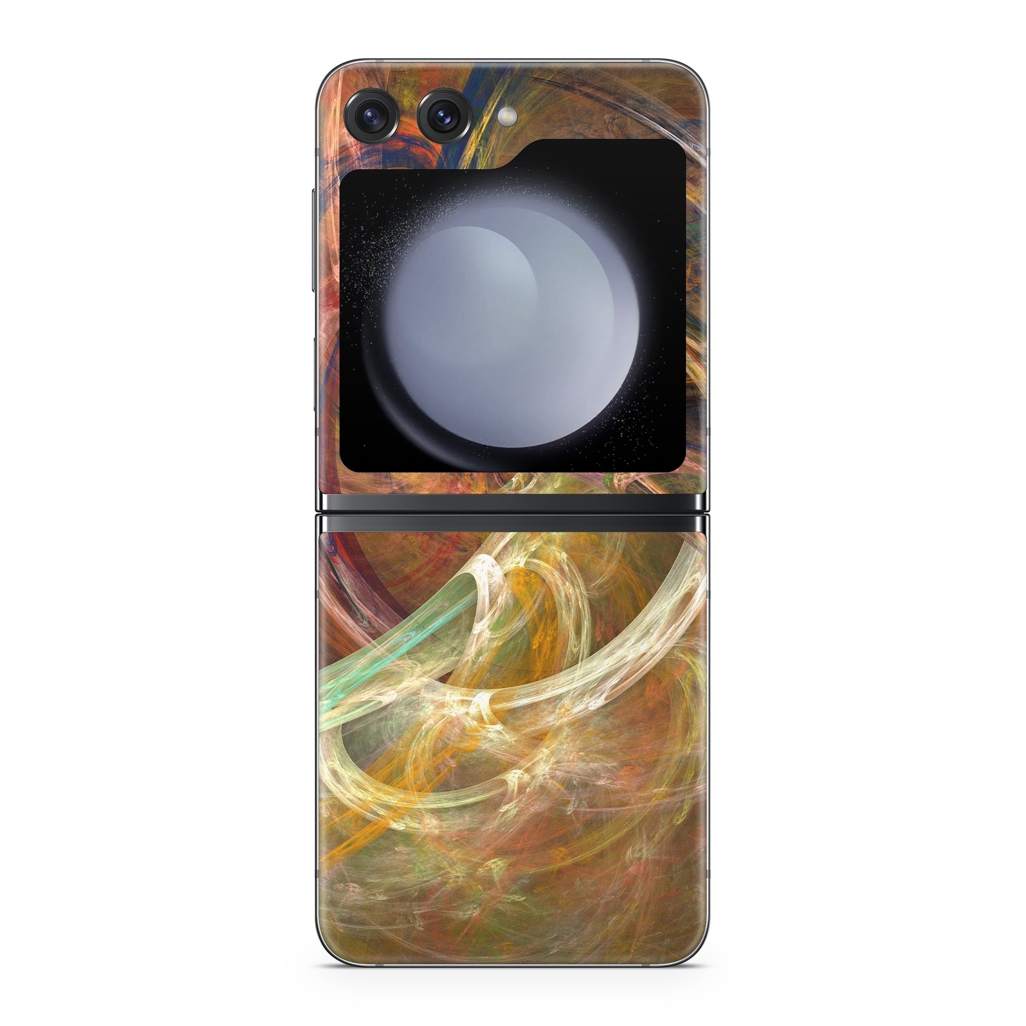 Samsung Galaxy Z Flip5 Skin design of Fractal art, Art, Painting, Visual arts, Modern art, Graphics, Artwork, Stock photography, Circle, Space, with brown, red, yellow, orange, green colors