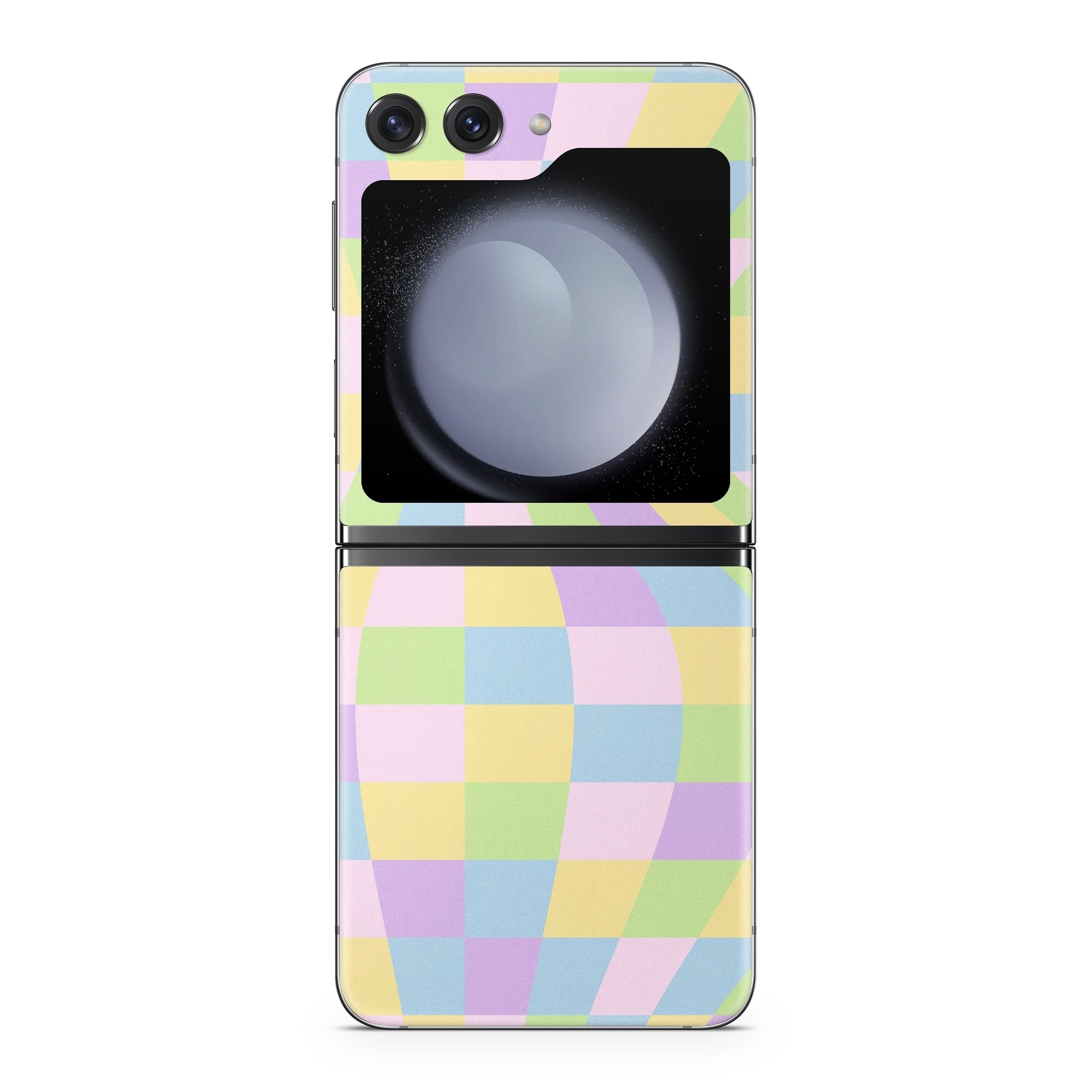 Samsung Galaxy Z Flip5 Skin design of Rectangle, Azure, Textile, Art, Painting, Violet, Pink, Font, Aqua, Material property, with pink, yellow, purple, blue, green colors