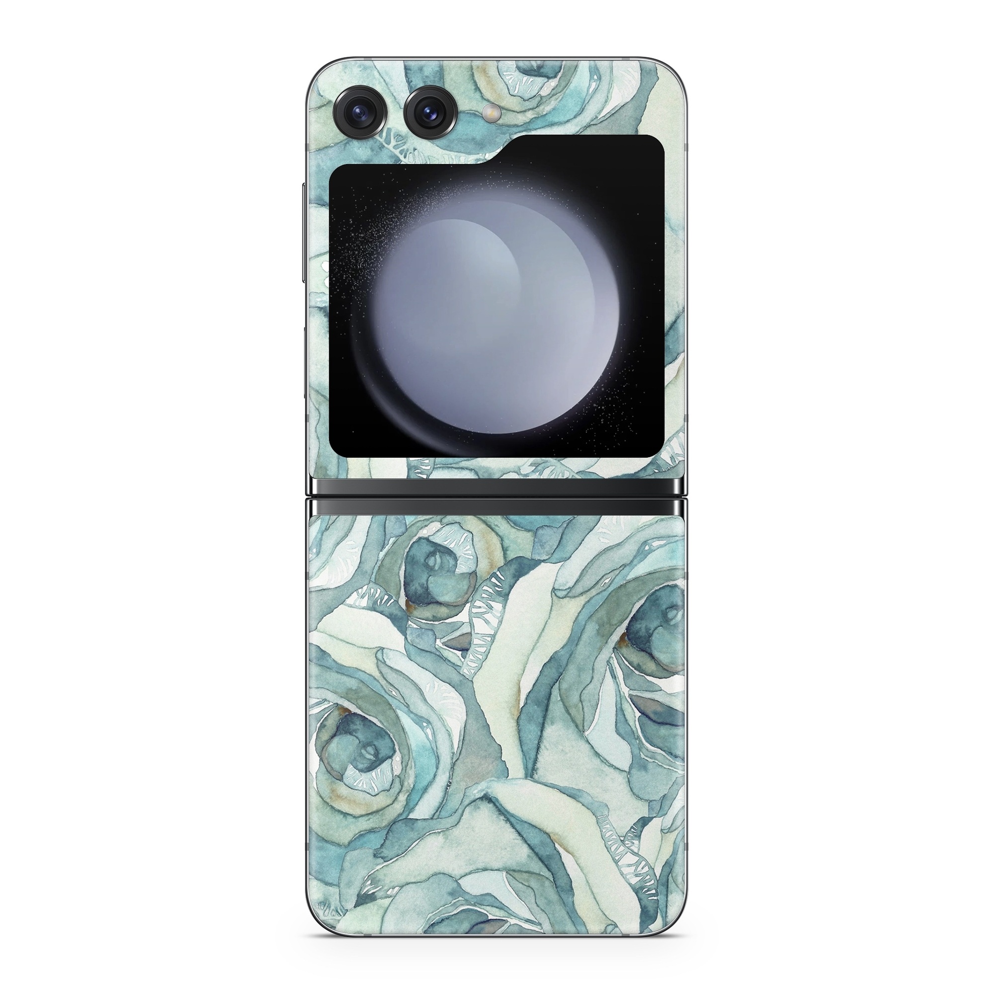 Samsung Galaxy Z Flip5 Skin design of Rose, Garden roses, Blue, Flower, Rose family, Watercolor paint, Plant, Pattern, Rosa × centifolia, Blue rose, with blue, green colors