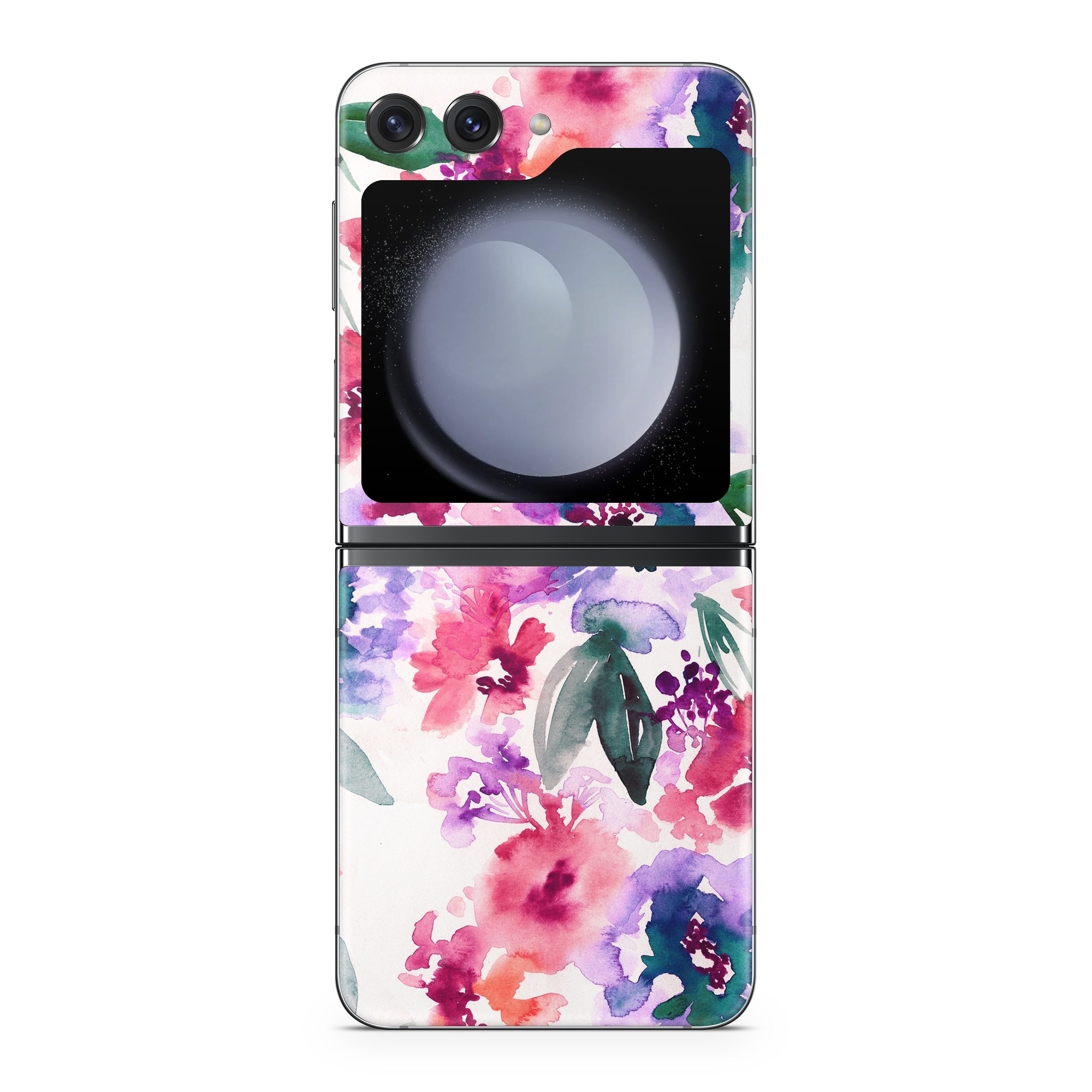 Samsung Galaxy Z Flip5 Skin design of Purple, Pattern, Pink, Lilac, Violet, Flower, Watercolor paint, Floral design, Plant, Design, with green, pink, red, purple, white colors