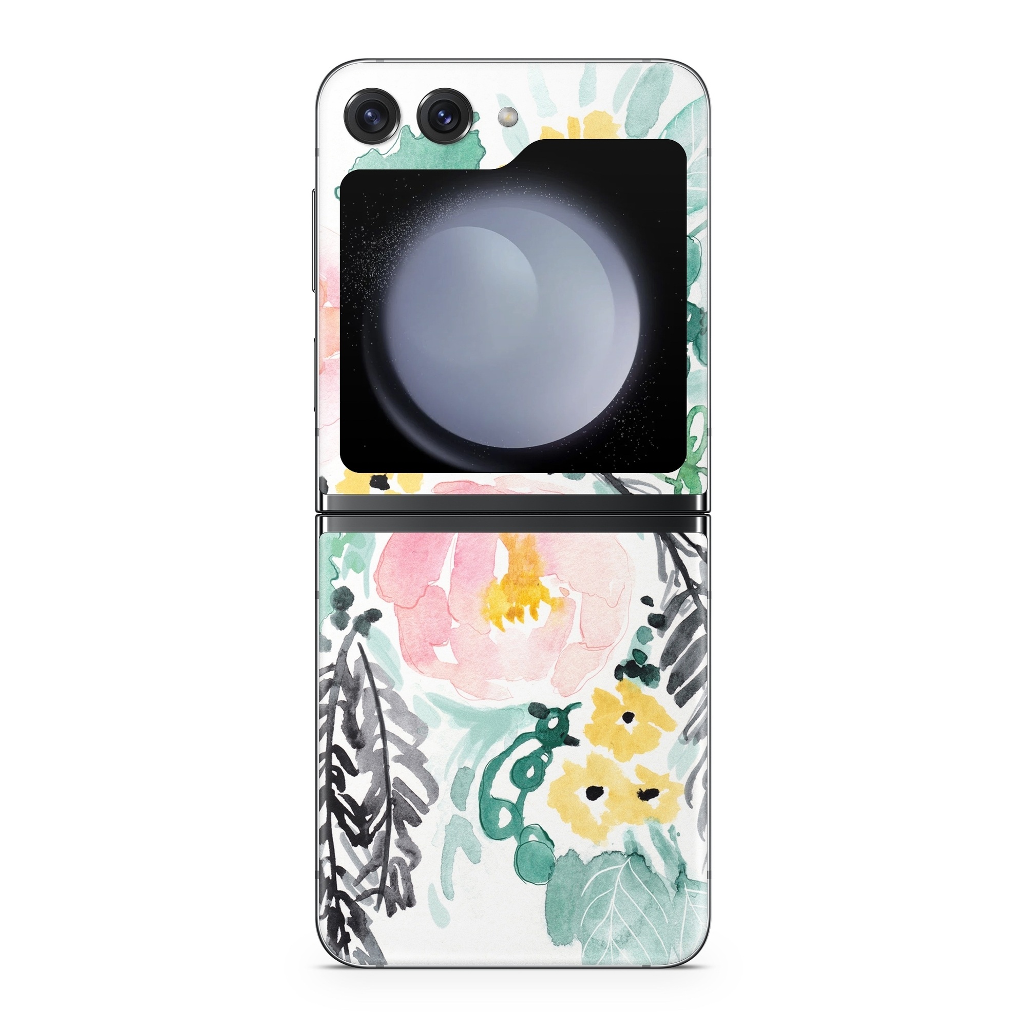 Samsung Galaxy Z Flip5 Skin design of Branch, Clip art, Watercolor paint, Flower, Leaf, Botany, Plant, Illustration, Design, Graphics, with green, pink, red, orange, yellow colors