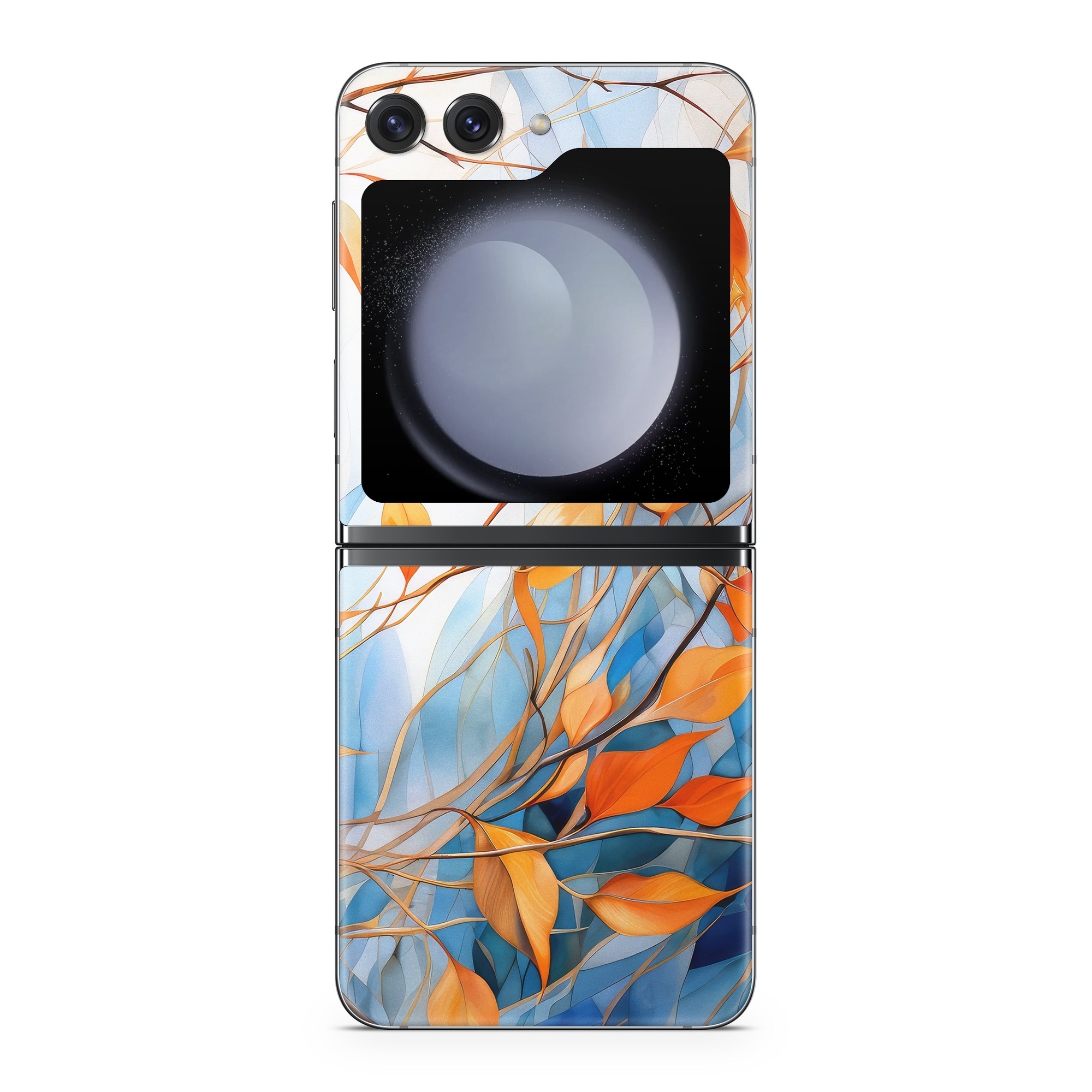 Samsung Galaxy Z Flip5 Skin design of Plant, Amber, Twig, Branch, Orange, Vegetation, Natural landscape, Tree, Woody plant, Deciduous, with yellow, orange, red, blue, white, purple colors