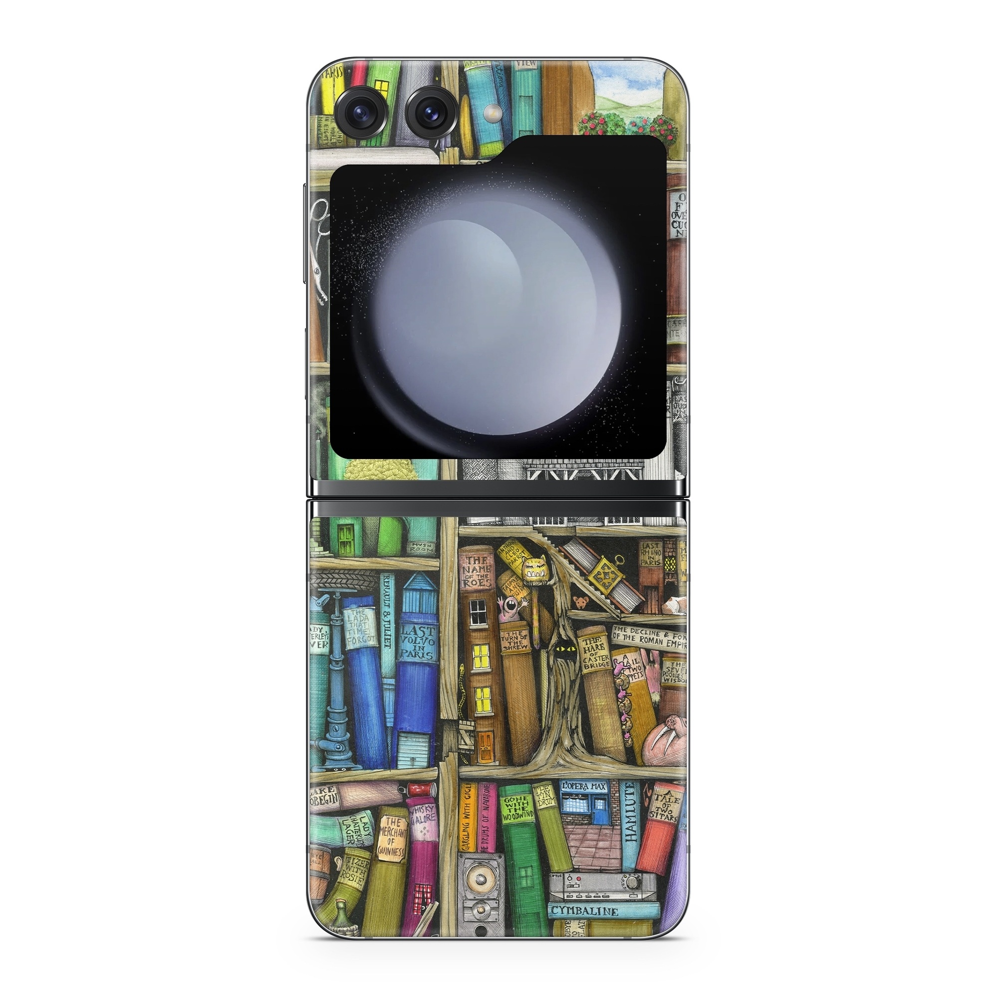 Samsung Galaxy Z Flip5 Skin design of Collection, Art, Visual arts, Bookselling, Shelving, Painting, Building, Shelf, Publication, Modern art, with brown, green, blue, red, pink colors