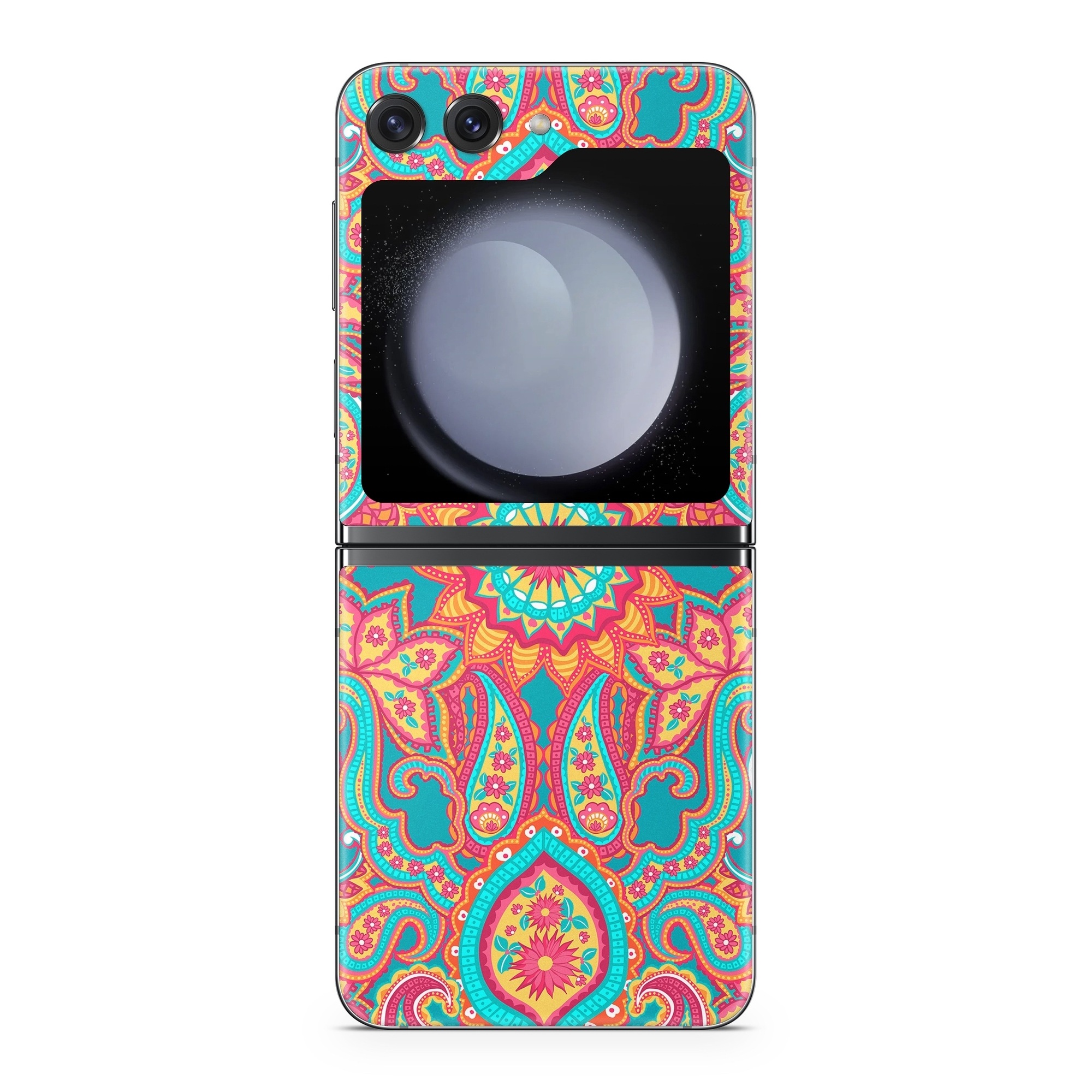 Samsung Galaxy Z Flip5 Skin design of Pattern, Paisley, Motif, Visual arts, Design, Art, Textile, Psychedelic art, with orange, yellow, blue, red colors
