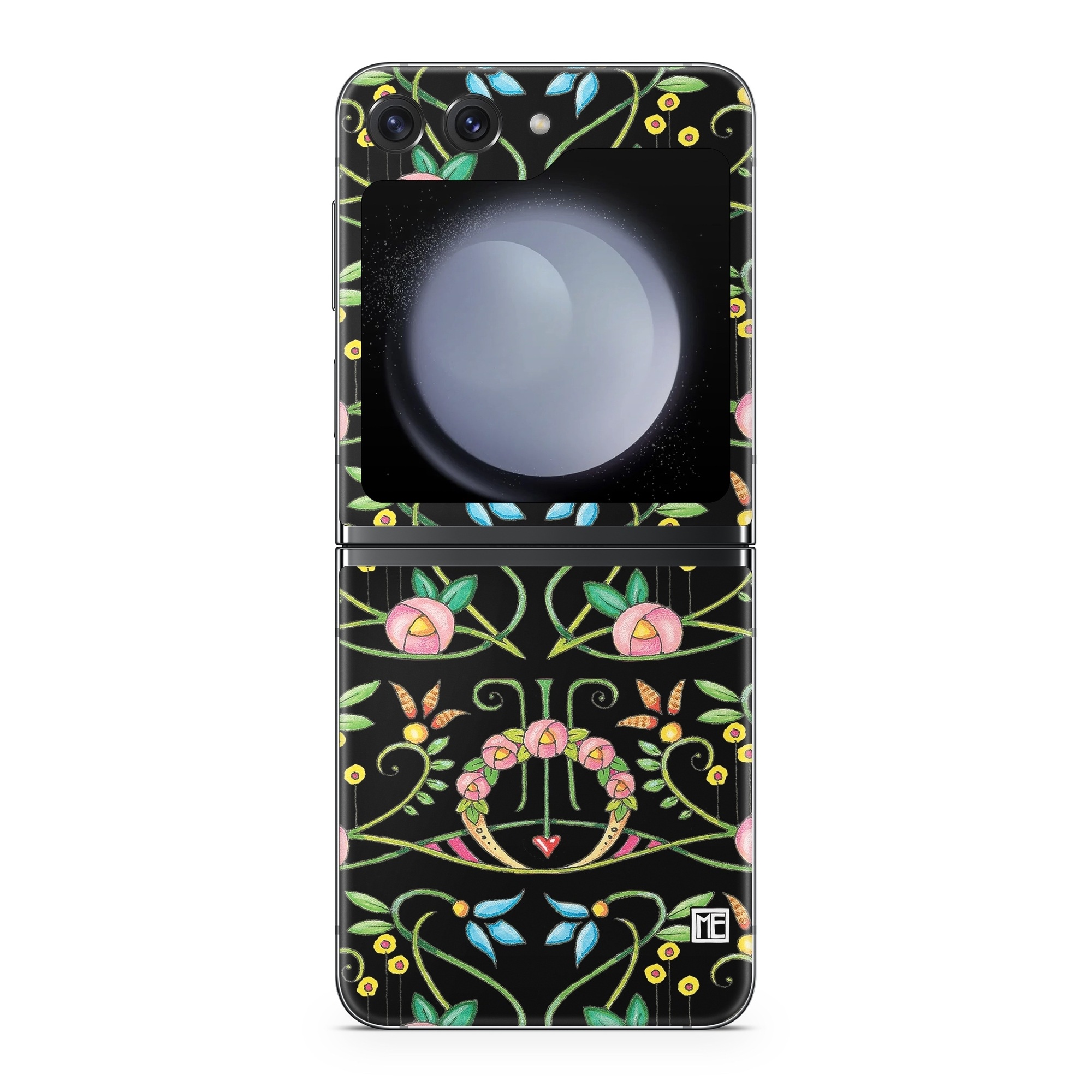 Samsung Galaxy Z Flip5 Skin design of Flower, Rectangle, Textile, Ornament, Plant, Line, Motif, Creative arts, Art, Pattern, with black, pink, blue, green, yellow colors
