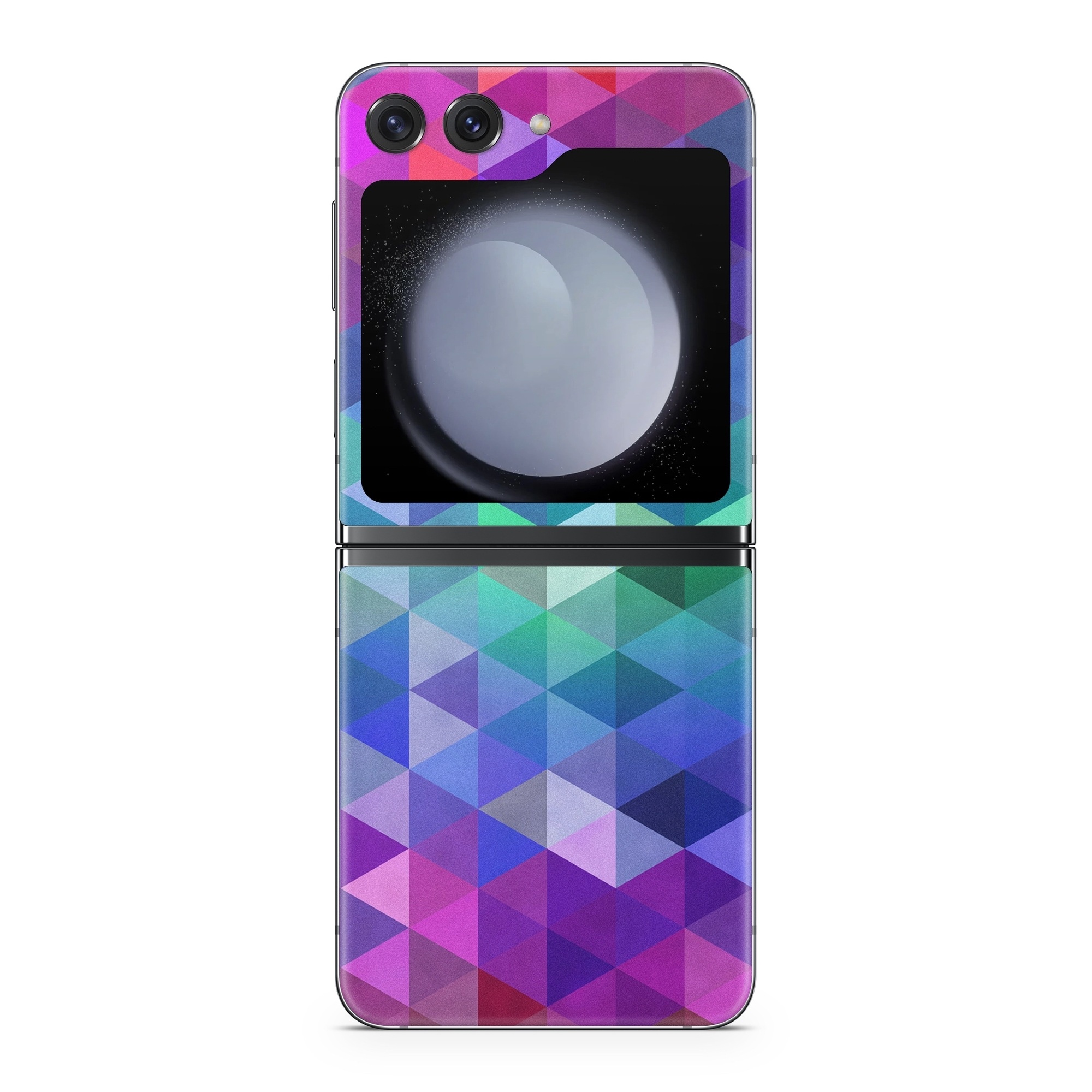 Samsung Galaxy Z Flip5 Skin design of Purple, Violet, Pattern, Blue, Magenta, Triangle, Line, Design, Graphic design, Symmetry, with blue, purple, green, red, pink colors