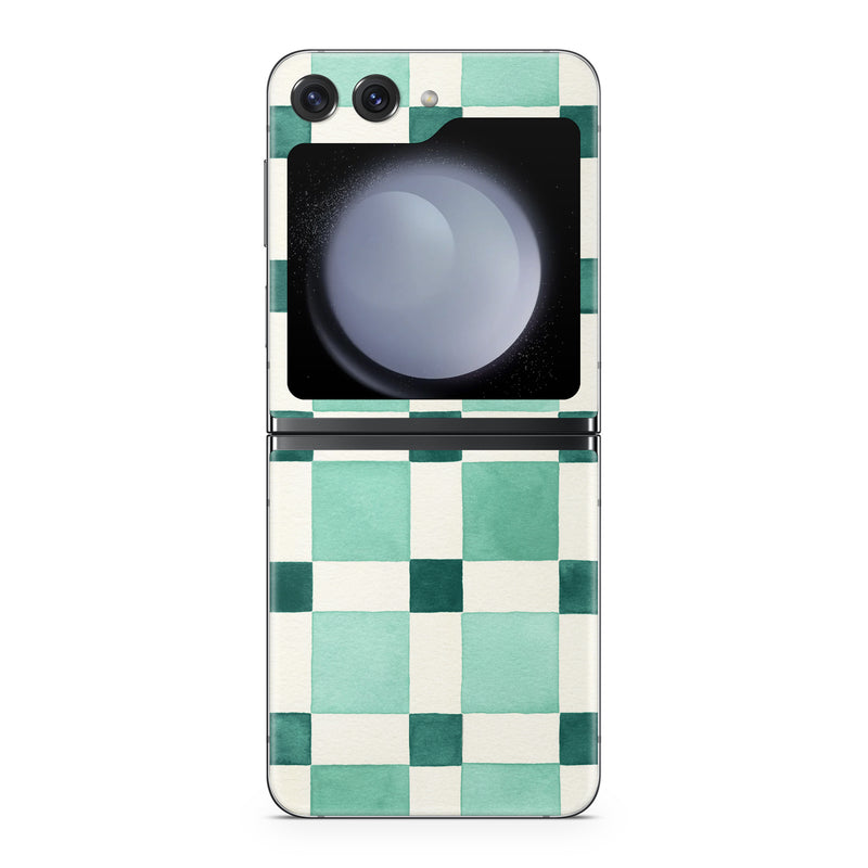 Samsung Galaxy Z Flip5 Skin design of Linens, Tile, with white, green colors