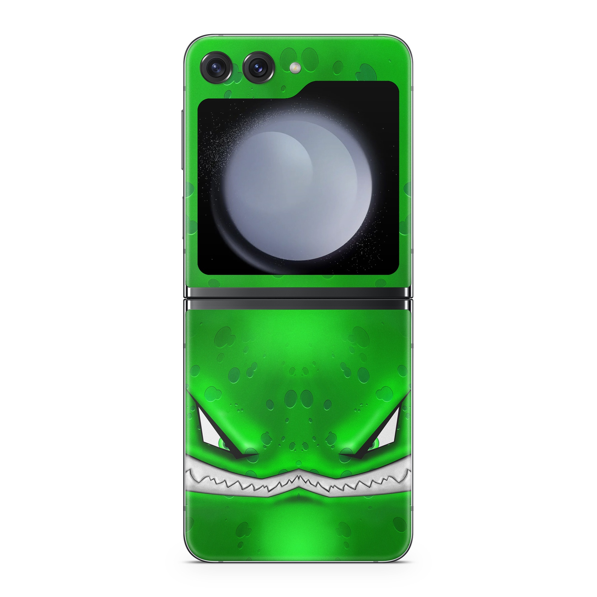 Samsung Galaxy Z Flip5 Skin design of Green, Font, Animation, Logo, Graphics, Games, with green, white colors