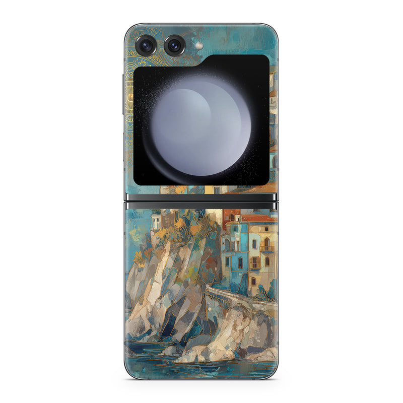 Samsung Galaxy Z Flip5 Skin design of Blue, Visual arts, Paint, Painting, Art Paint, Watercolor painting, Village, Modern art, Mural, Acrylic paint, with blue, yellow, white, gray, red, blue, pink, green colors