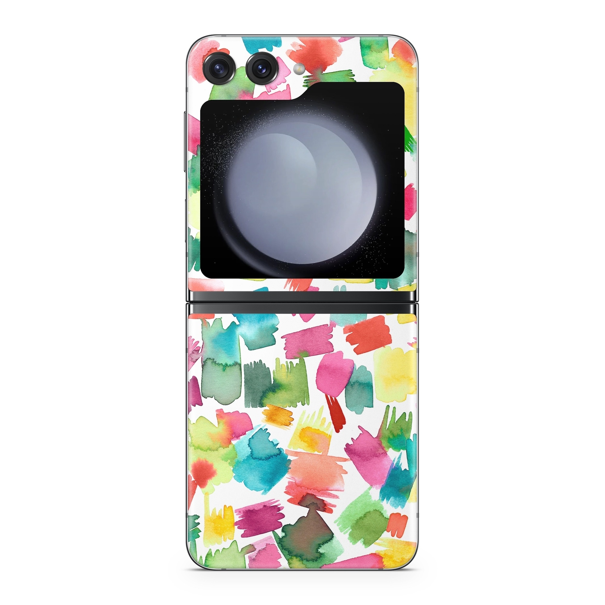 Samsung Galaxy Z Flip5 Skin design of Colorfulness, Rectangle, Pattern, Art, Creative arts, Font, Circle, Tints and shades, Symmetry, Magenta, with white, red, pink, yellow, orange, green, blue colors