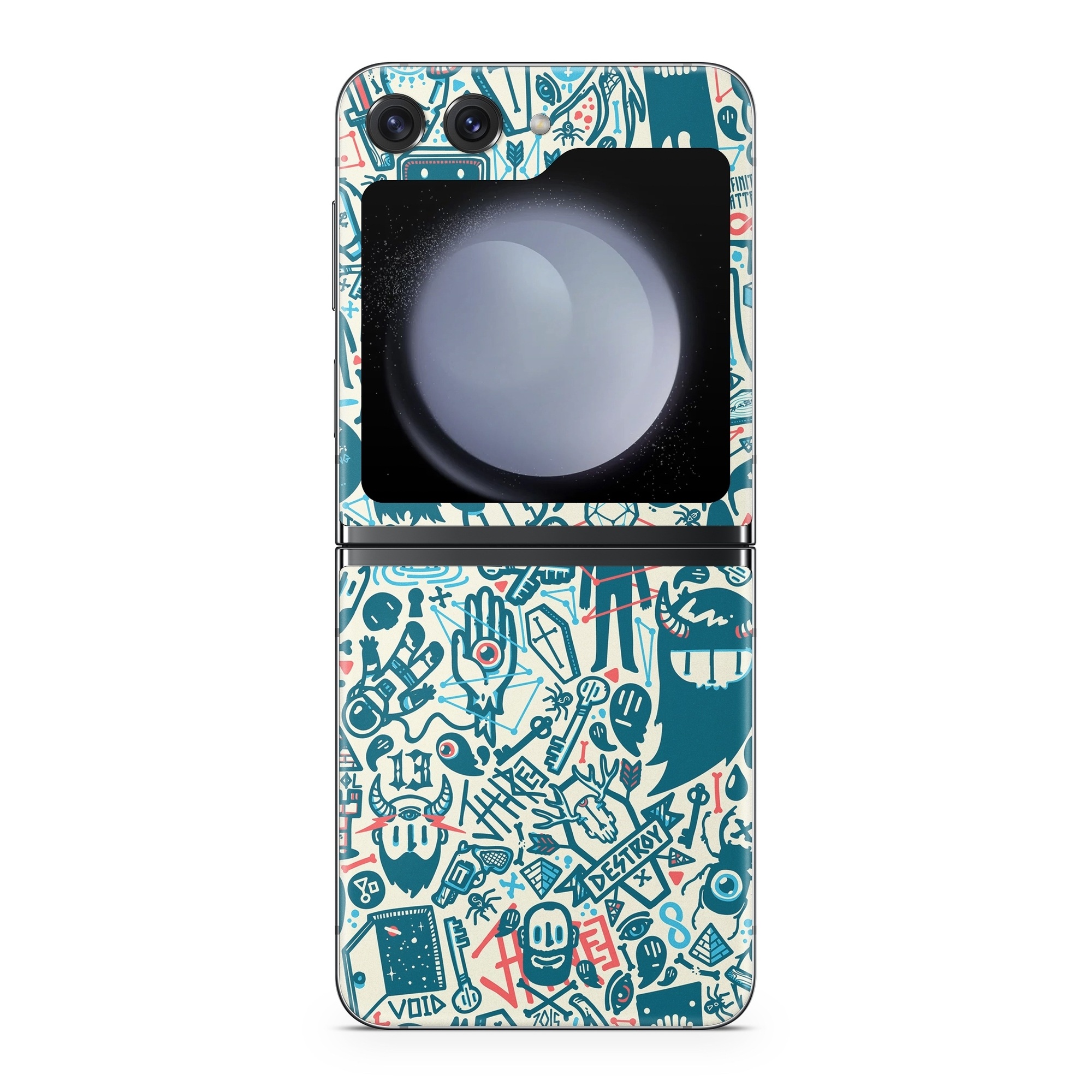 Samsung Galaxy Z Flip5 Skin design of Pattern, Psychedelic art, Turquoise, Art, Design, Visual arts, Line, Drawing, Doodle, Graphic design, with white, green, blue, red colors