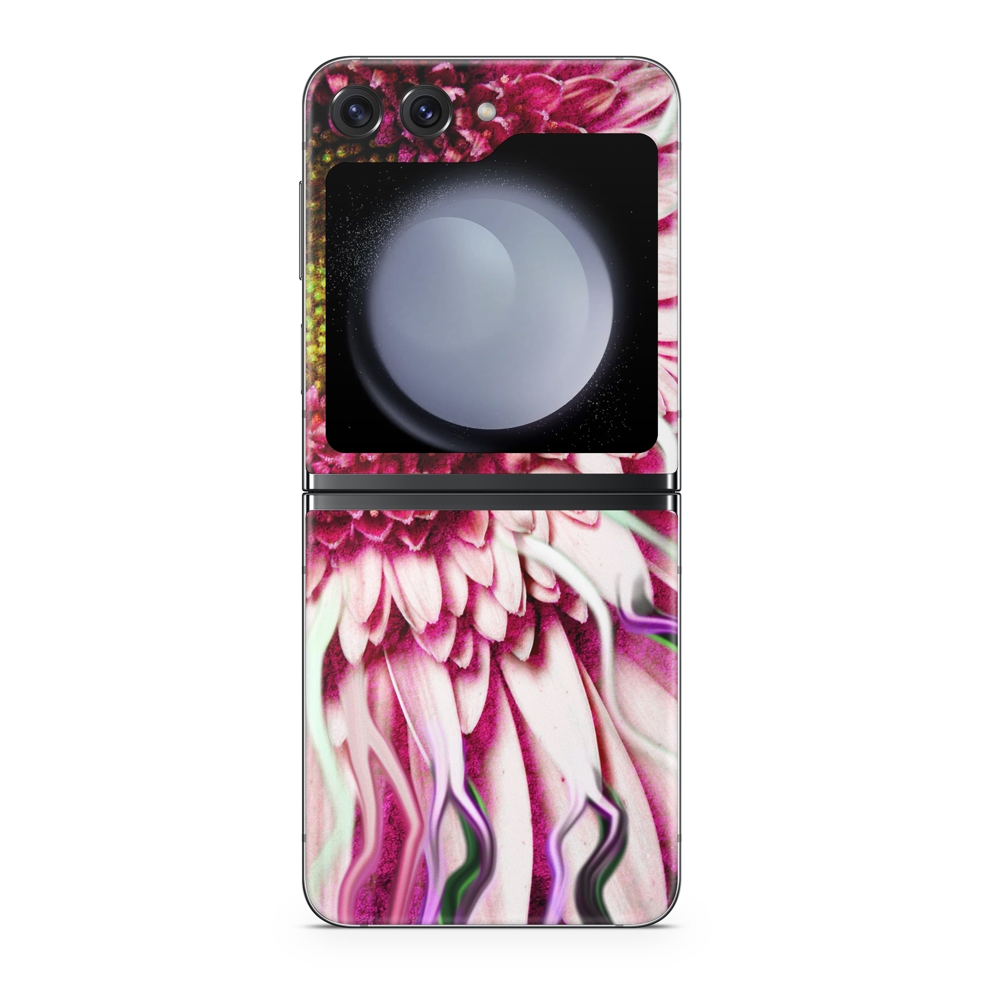 Samsung Galaxy Z Flip5 Skin design of Flowering plant, Flower, Petal, Plant, Purple, Pink, Gazania, Violet, Gerbera, Chrysanths, with black, gray, red, purple, pink, white colors