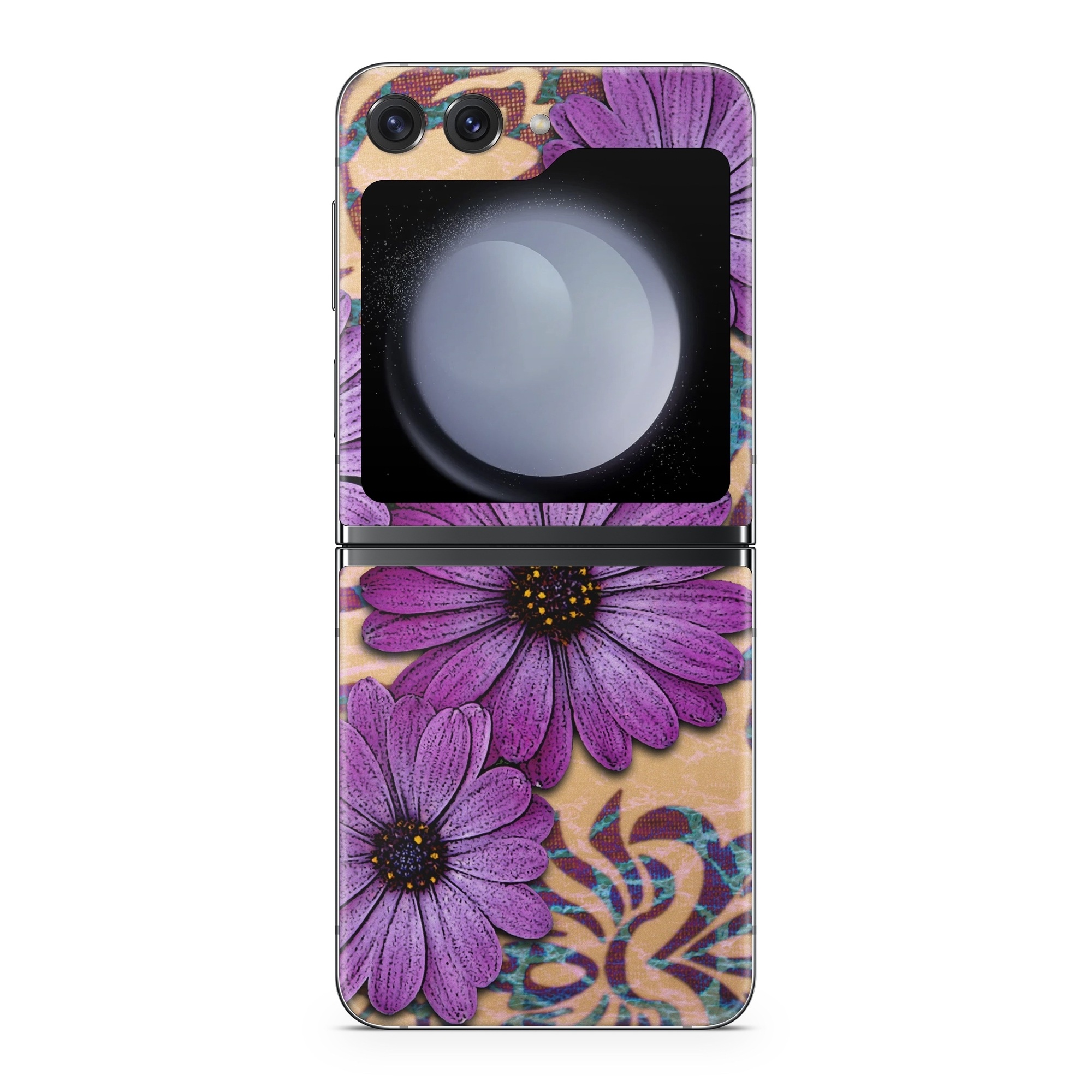 Samsung Galaxy Z Flip5 Skin design of Purple, Flower, Violet, Petal, Plant, african daisy, Floral design, Wildflower, Pattern, Textile, with purple, black, gray, blue, green, red colors