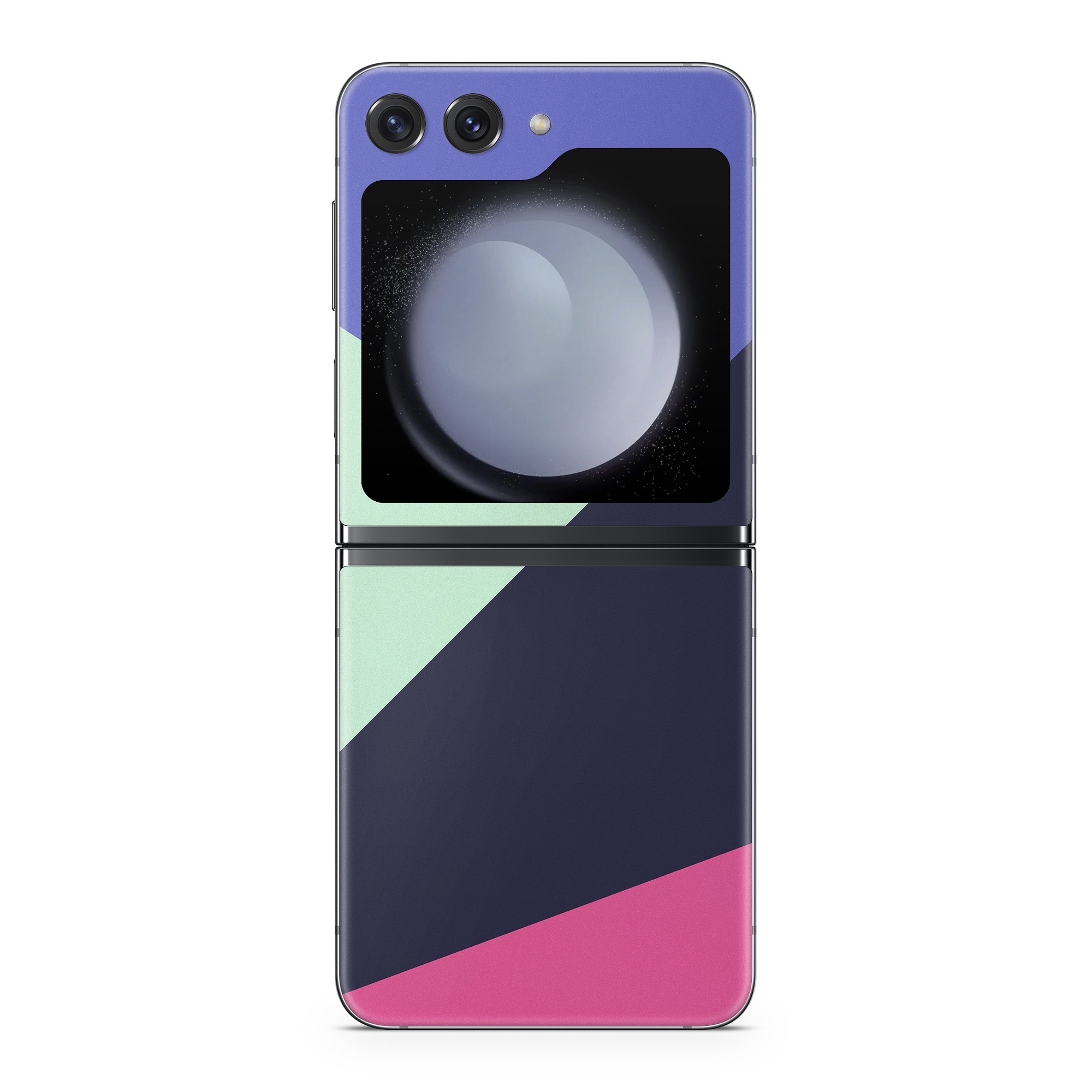 Samsung Galaxy Z Flip5 Skin design of Purple, Violet, Line, Magenta, Graphic design, Triangle, Pattern, Design, Material property, Font, with black, blue, green, pink colors