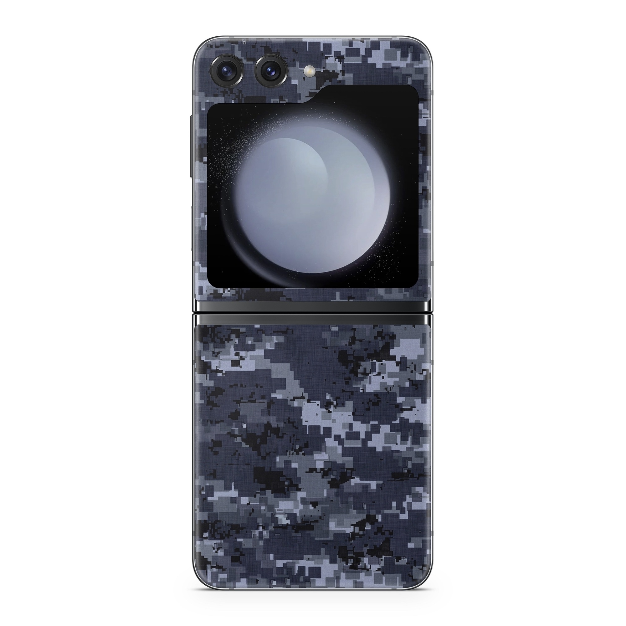 Samsung Galaxy Z Flip5 Skin design of Military camouflage, Black, Pattern, Blue, Camouflage, Design, Uniform, Textile, Black-and-white, Space, with black, gray, blue colors