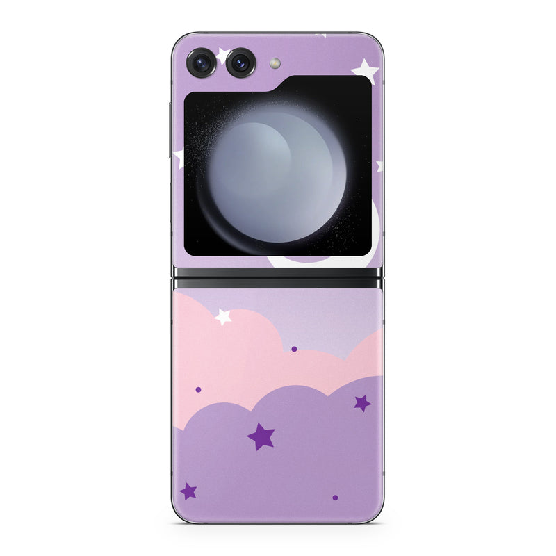 Samsung Galaxy Z Flip5 Skin design of Astronomical object, Pink, Star, Purple, Crescent, Moon, Graphics, Animation, Wallpaper, Graphic design, with purple, white colors