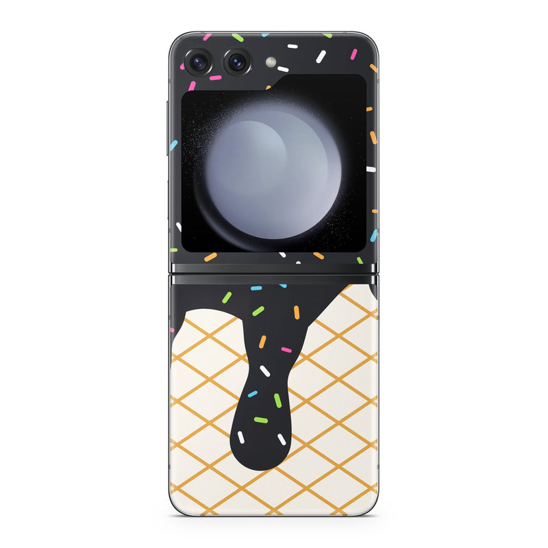 Samsung Galaxy Z Flip5 Skin design of Orange, Graphics, Polka dot, with white, brown, yellow, black, green, pink, orange, blue colors