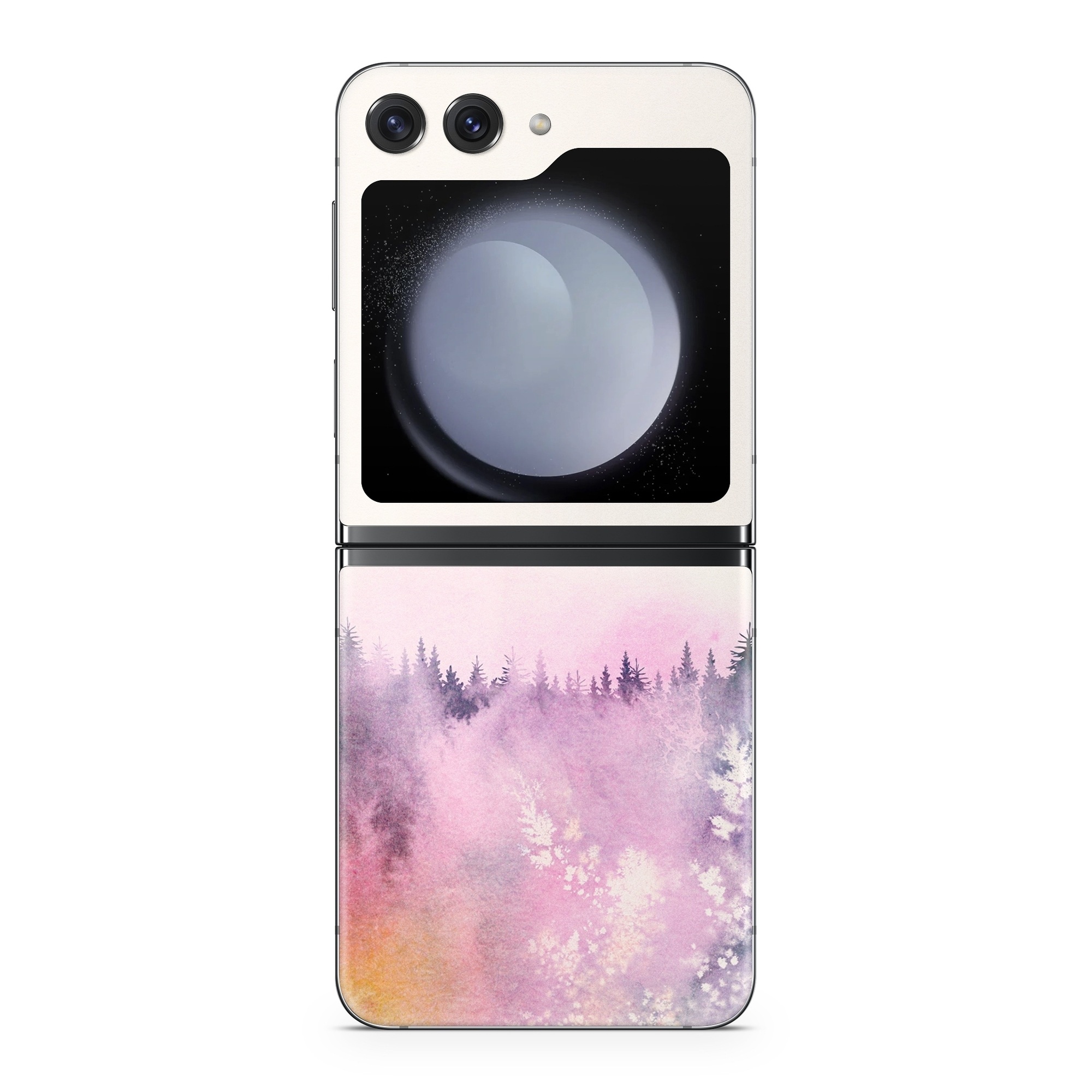 Samsung Galaxy Z Flip5 Skin design of Watercolor paint, Sky, Atmospheric phenomenon, Tree, Atmosphere, Cloud, Landscape, Forest, Painting, Illustration, with white, yellow, pink, purple, blue, black colors