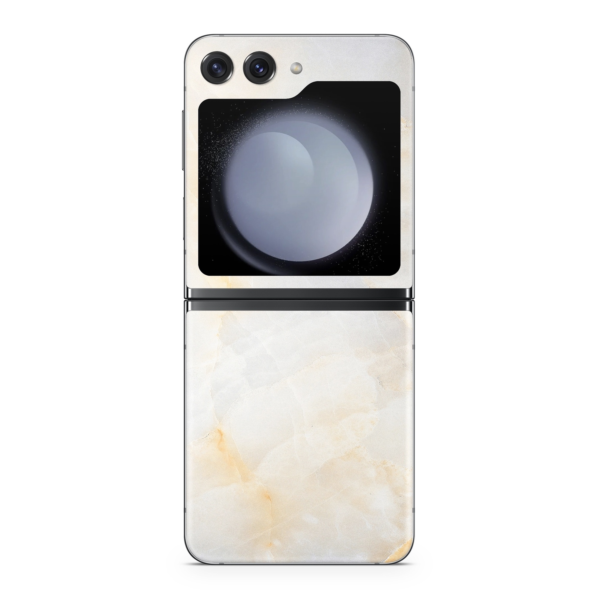 Samsung Galaxy Z Flip5 Skin design of White, Textile, Flooring, Marble, Paper, Pattern, Fashion accessory, Tile, with white, orange, black, yellow colors