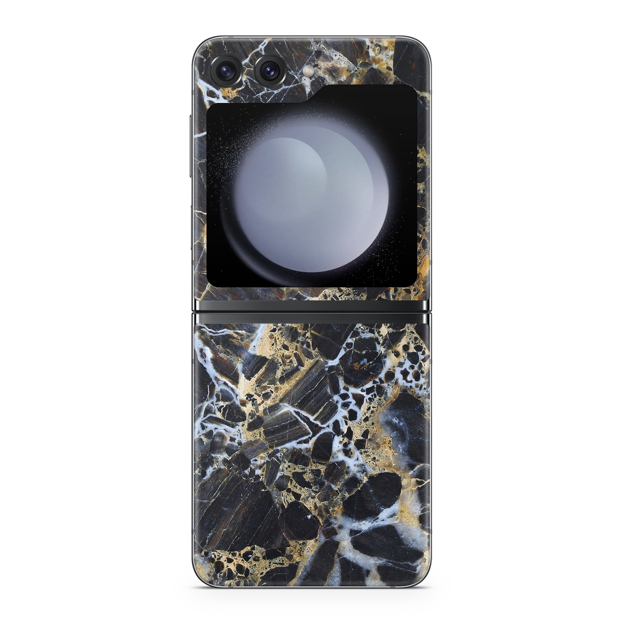 Samsung Galaxy Z Flip5 Skin design of Black, Yellow, Rock, Brown, Marble, Water, Close-up, Granite, Pattern, Geology, with black, white, orange, gray, yellow colors