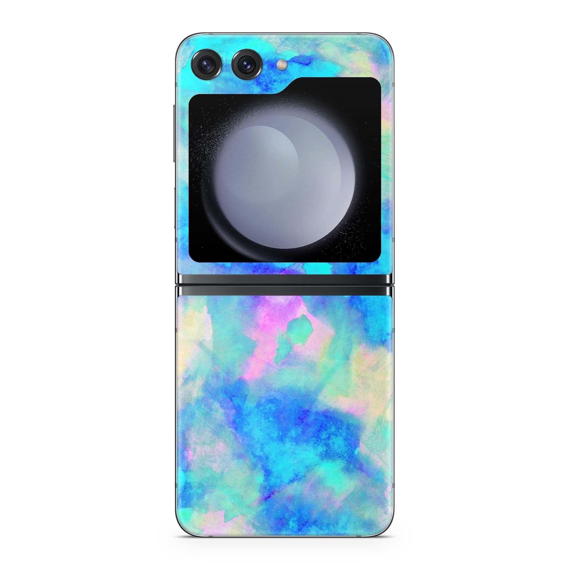 Samsung Galaxy Z Flip5 Skin design of Blue, Turquoise, Aqua, Pattern, Dye, Design, Sky, Electric blue, Art, Watercolor paint, with blue, purple colors