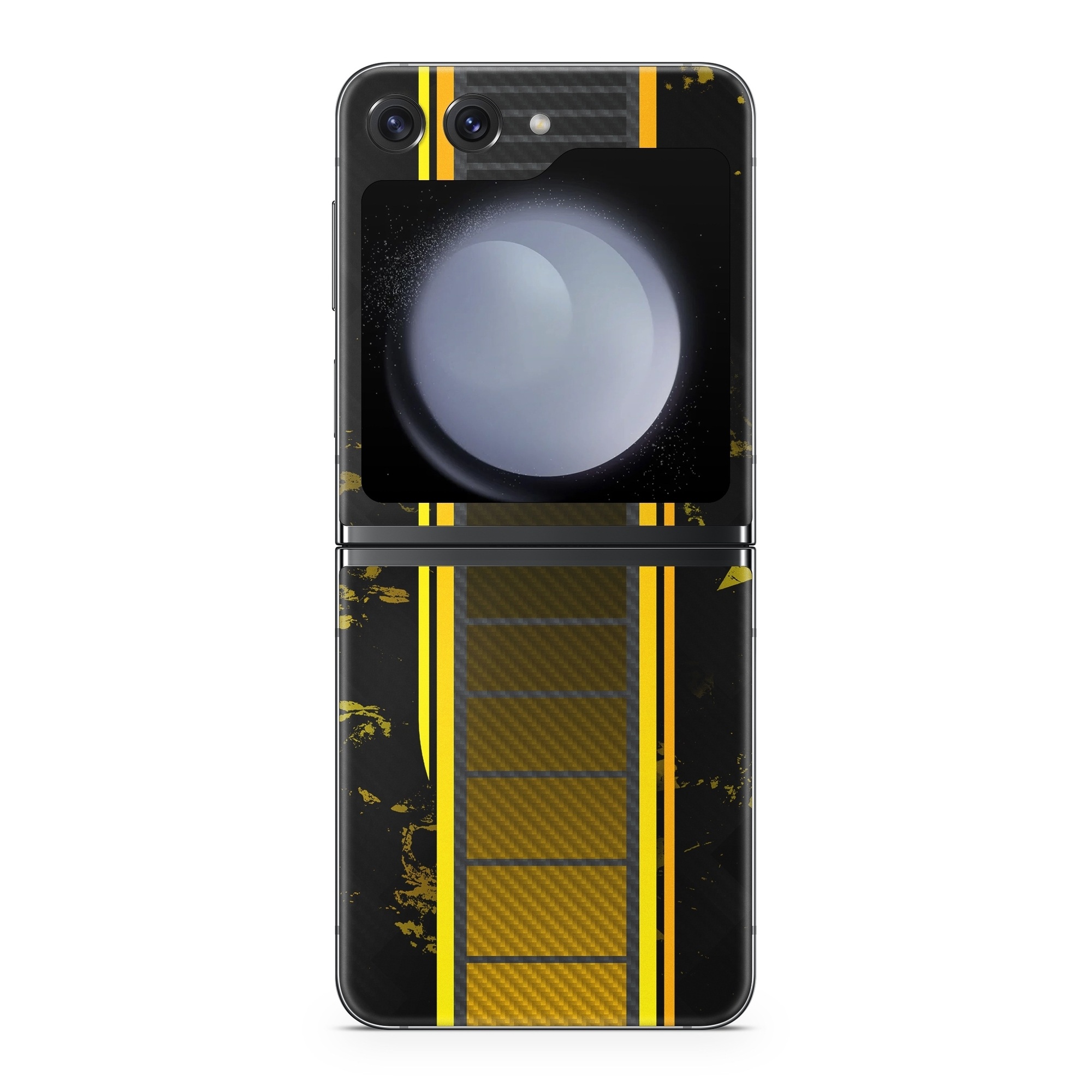 Samsung Galaxy Z Flip5 Skin design of Yellow, Plant, Font, Symmetry, Terrestrial plant, Tower block, Parallel, Pattern, Tints and shades, Rectangle, with black, yellow, gray, orange colors