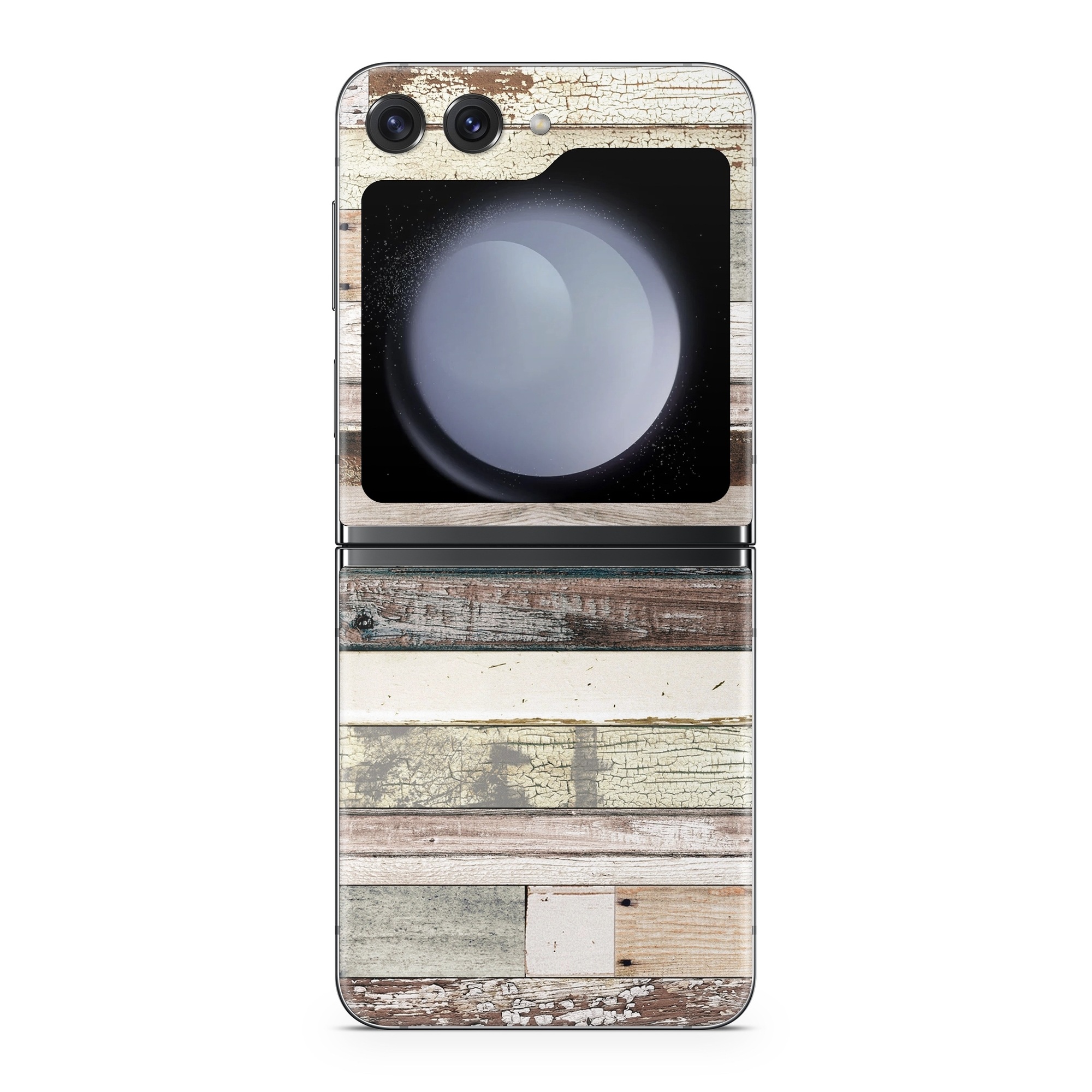 Samsung Galaxy Z Flip5 Skin design of Wood, Wall, Plank, Line, Lumber, Wood stain, Beige, Parallel, Hardwood, Pattern, with brown, white, gray, yellow colors